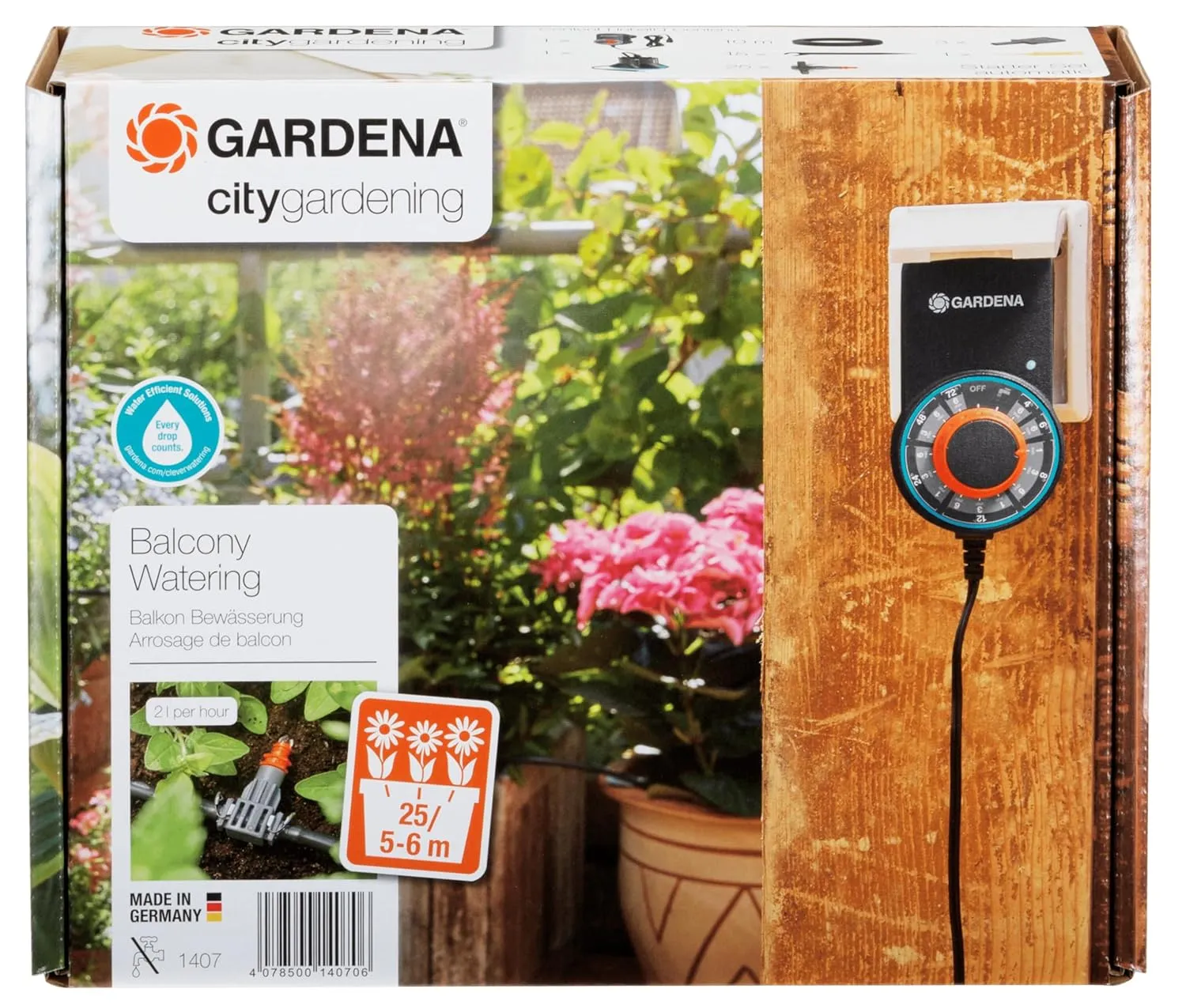 Gardena city gardening Balkon Bewässerung: Vollautomatisches Blumenkastenbewässerungs-Set, für bis zu 6 m Balkonkästen,…