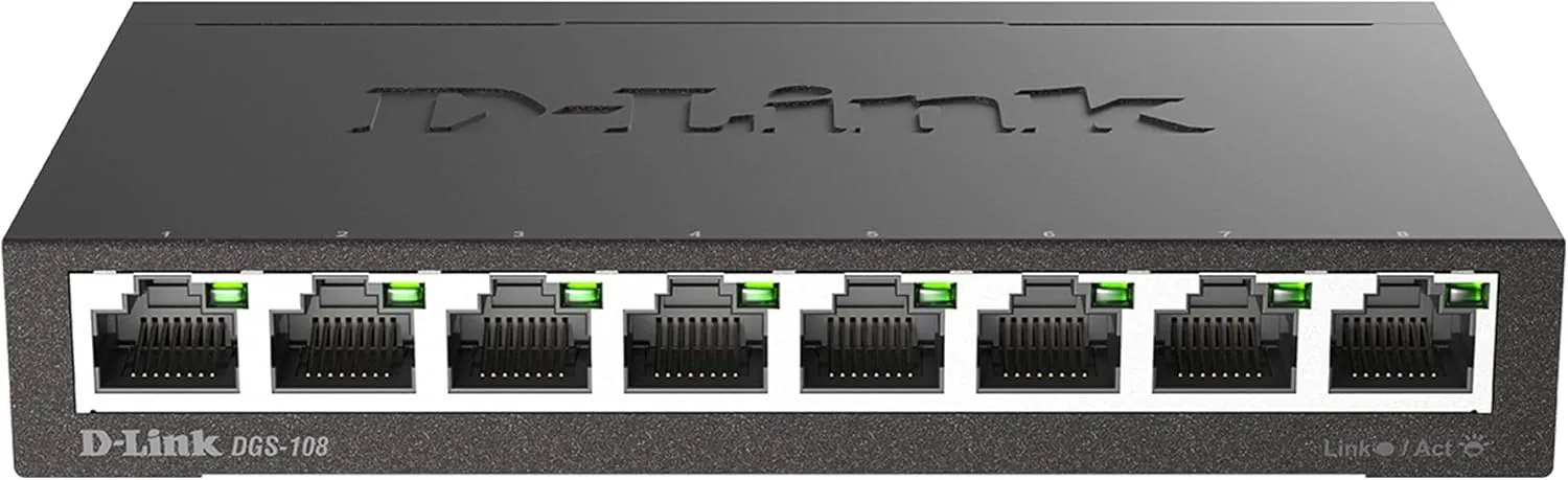 D-Link DGS-108 8-Port Layer2 Gigabit Switch (bis zu 2000 Mbit/s Datenübertragung pro Port, Non-Blocking-Architektur, lü…