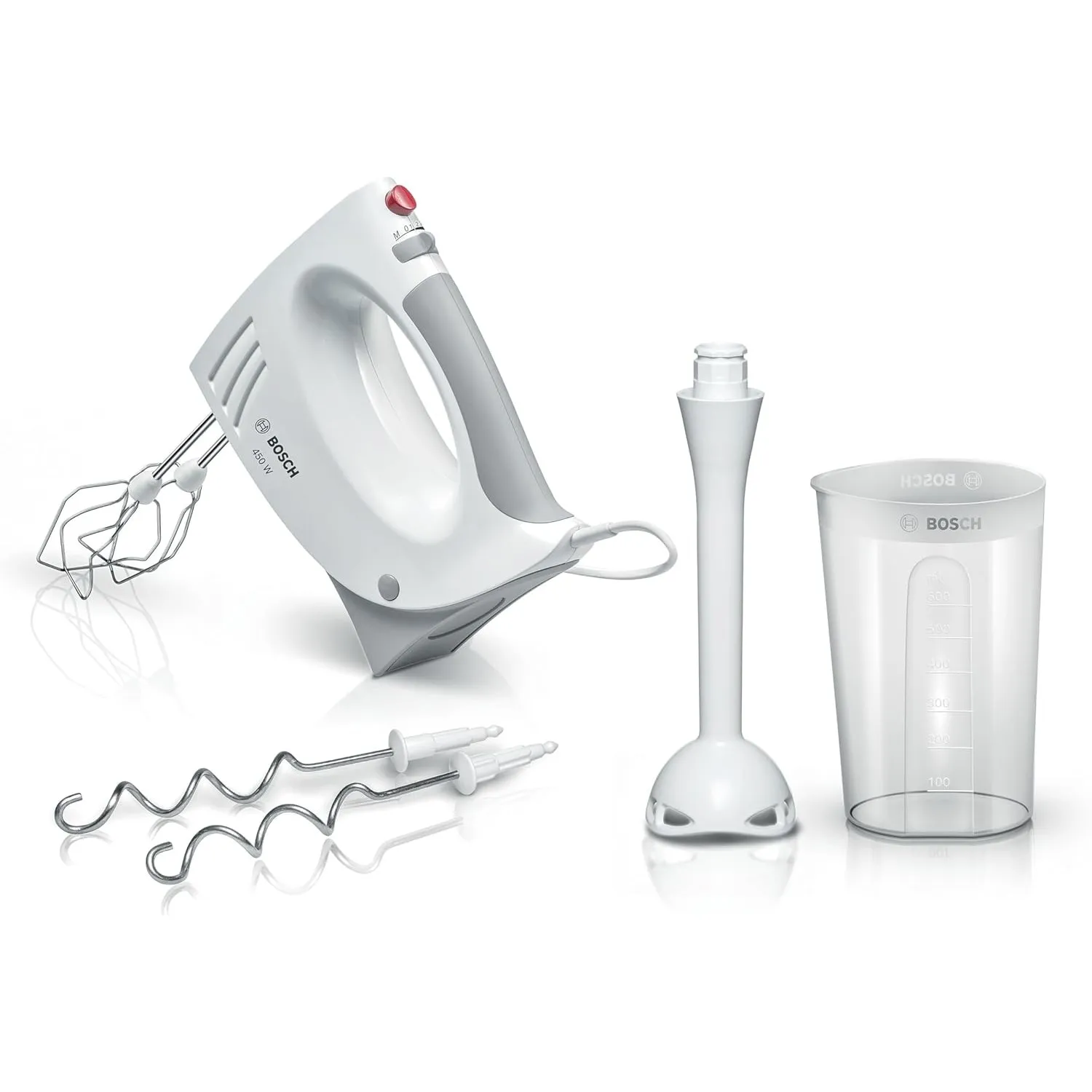 Bosch Handrührer MFQ3540, Handrührgerät, 2 Rührbesen, 2 Edelstahl-Knethaken, spülmaschinengeeignet, 5 Stufen, Püriersta…