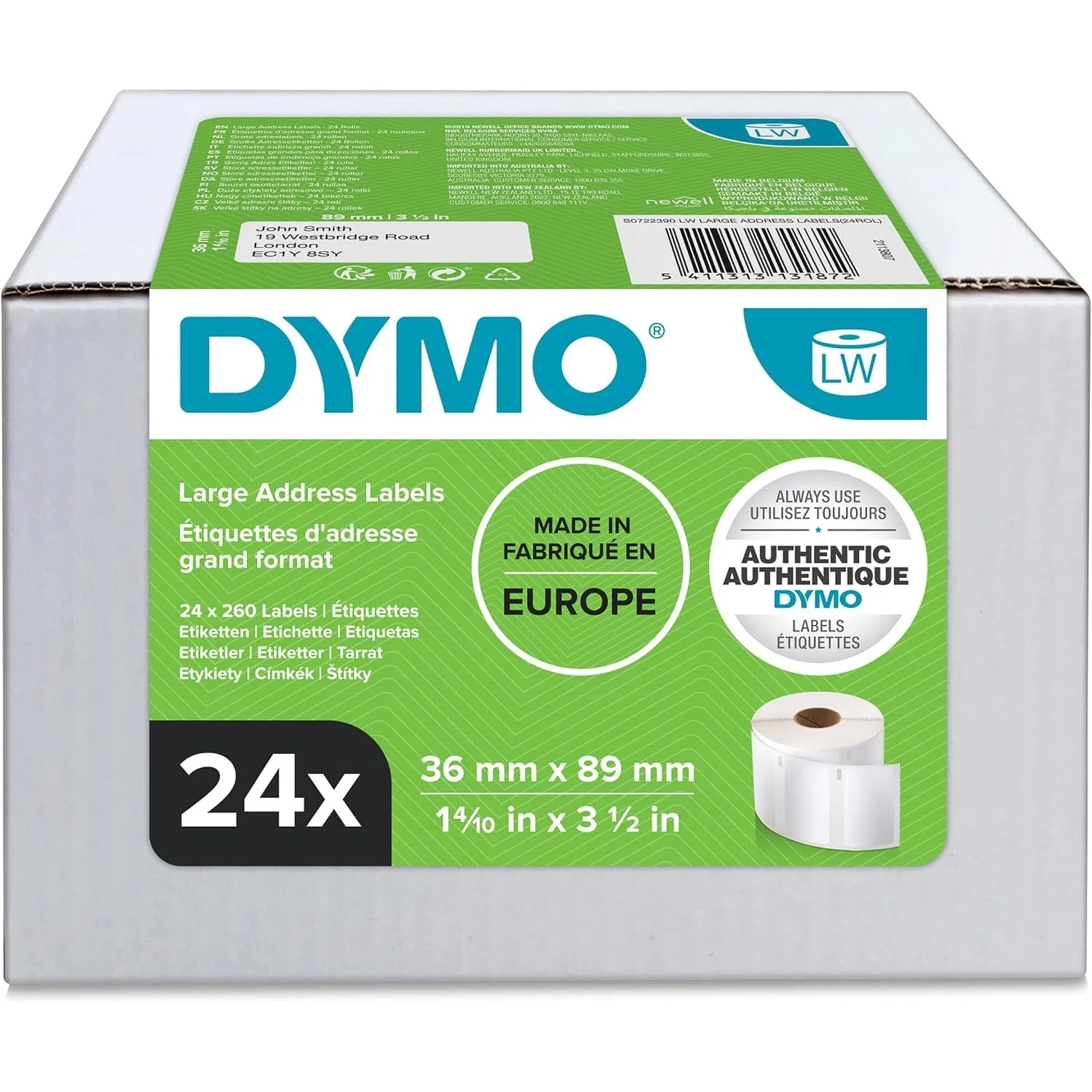 DYMO Original LabelWriter Adressetiketten (Groß) | 36 mm x 89 mm | 24 Rollen mit je 260 leicht ablösbaren Etiketten (6.…