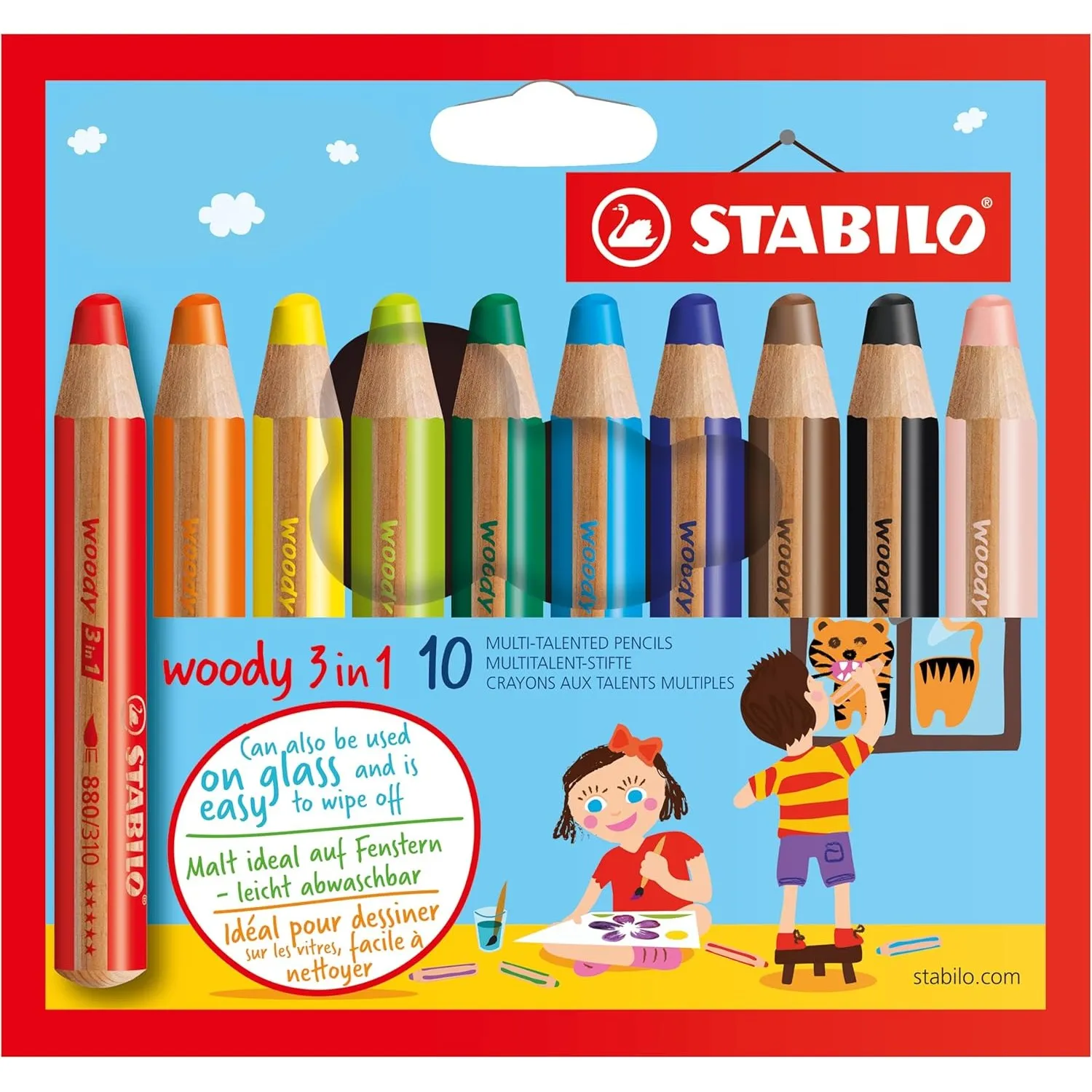 STABILO - Buntstift, Wasserfarbe & Wachsmalkreide - woody 3 in 1 | 10er Pack