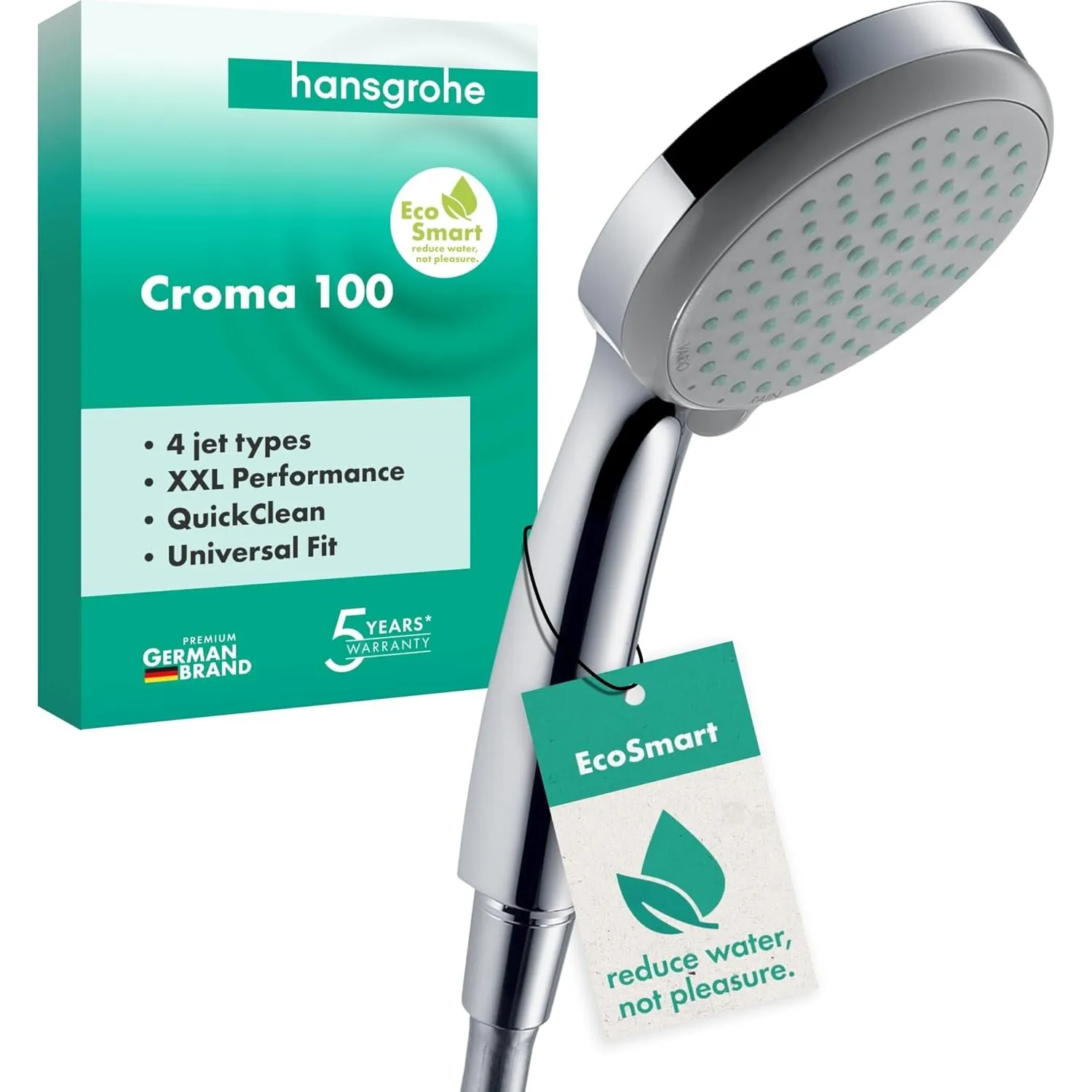 hansgrohe Croma 100 - Duschkopf, Handbrause mit 4 Strahlarten, runde Duschbrause (100 mm), Brausekopf mit Antikalk-Funk…