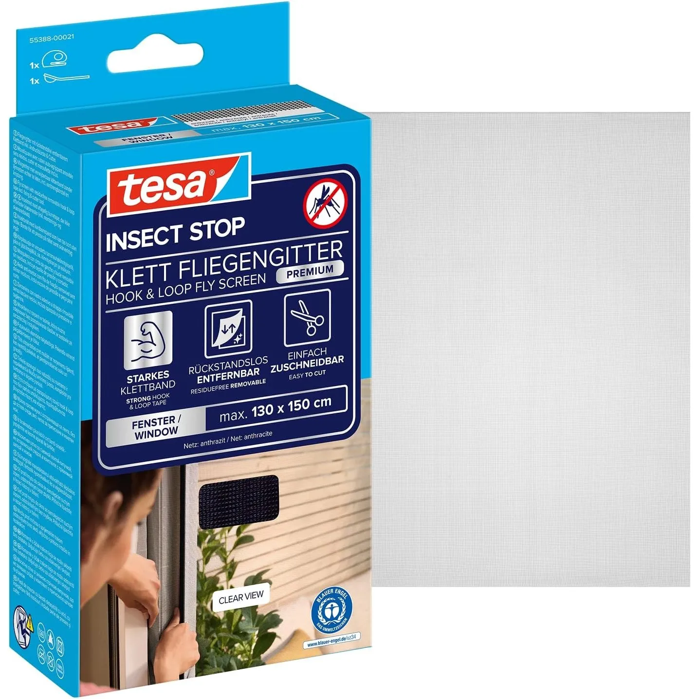tesa Insect Stop Klett Fliegengitter Premium für Fenster, Insektenschutz mit starkem Klettband, rückstandsfrei entfernb…