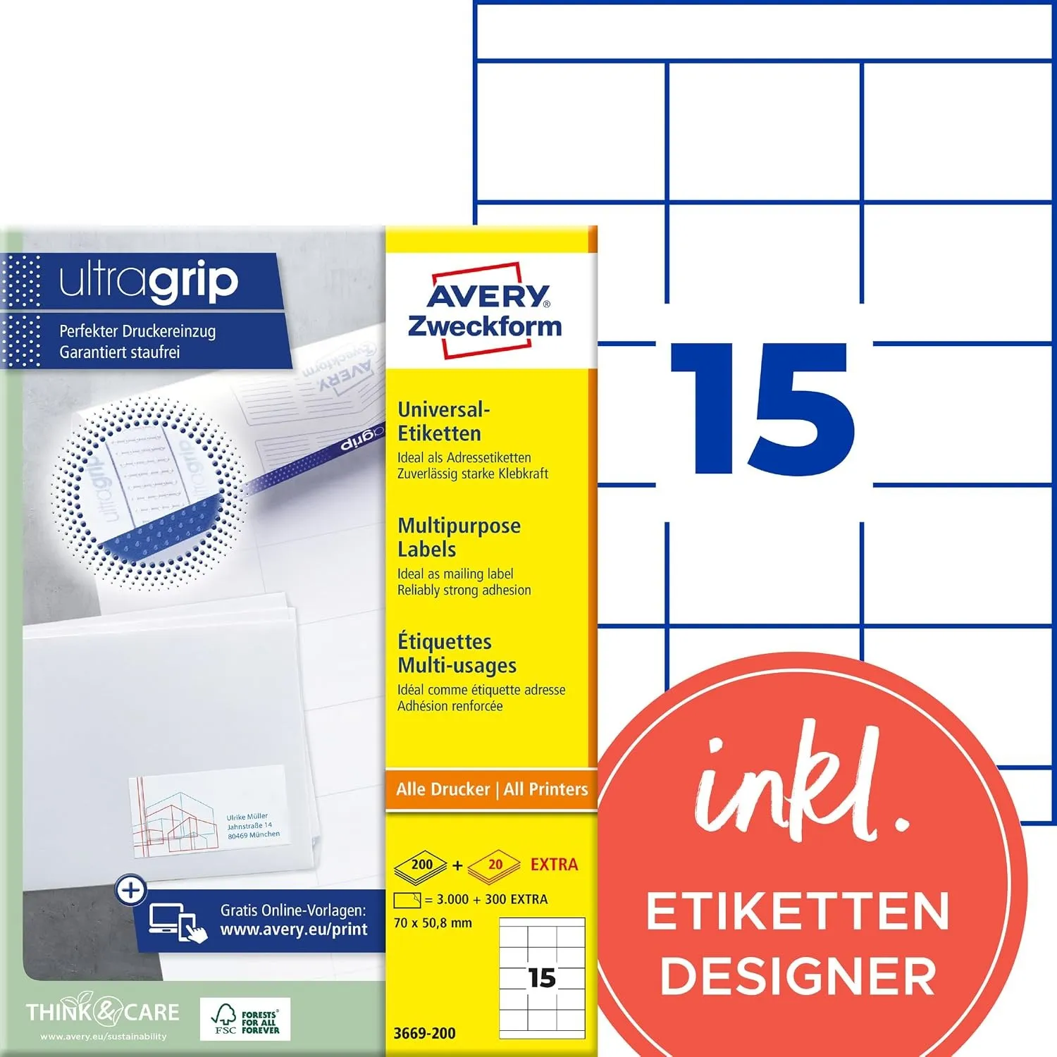 AVERY Zweckform 3669-200 Adressaufkleber (3.000 plus 300 Klebeetiketten extra, 70x50,8mm auf A4, bedruckbare Absenderet…