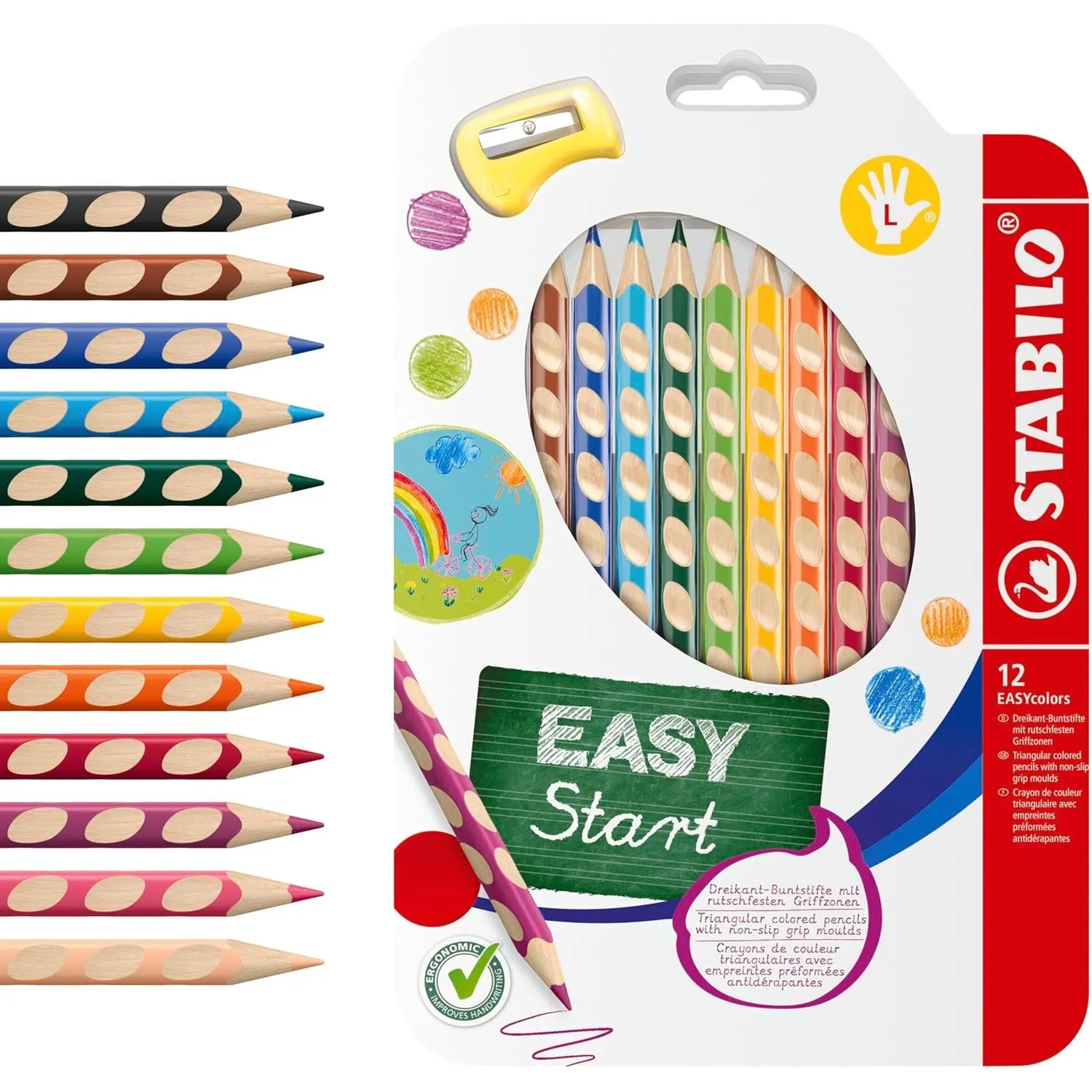 STABILO - Ergonomischer dicker Buntstift für Linkshänder - EASYcolors | 12er Pack inkl. Spitzer