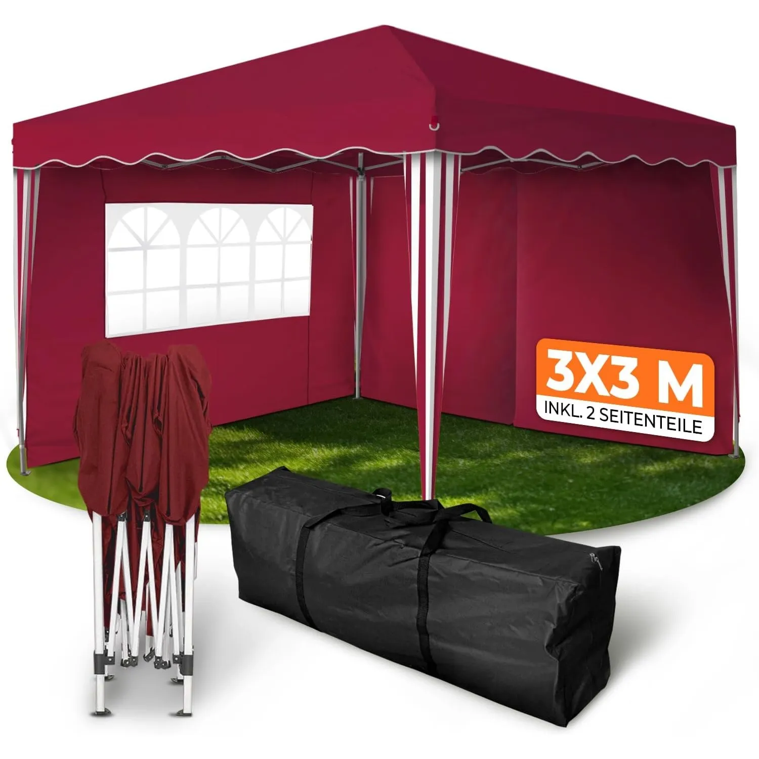 Kronenburg Faltpavillon wasserdicht Dachmaß 3 x 3 m UV Schutz 50+ Pavillon in Rot mit 2 Seitenteilen