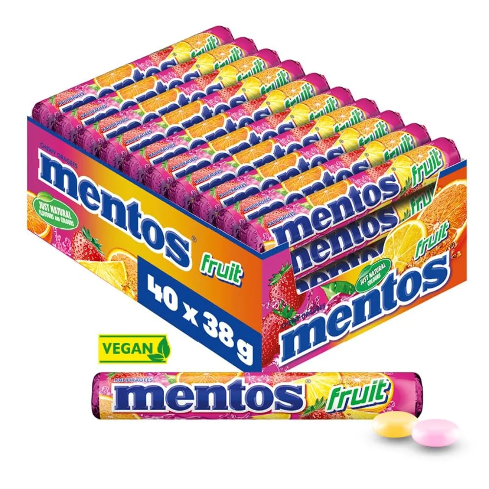 Mentos Fruit Dragees, Frucht-Bonbons mit Orange, Zitrone, Erdbeere, Kaubonbons mit fruchtigem Geschmack, Süßigkeiten Mu…