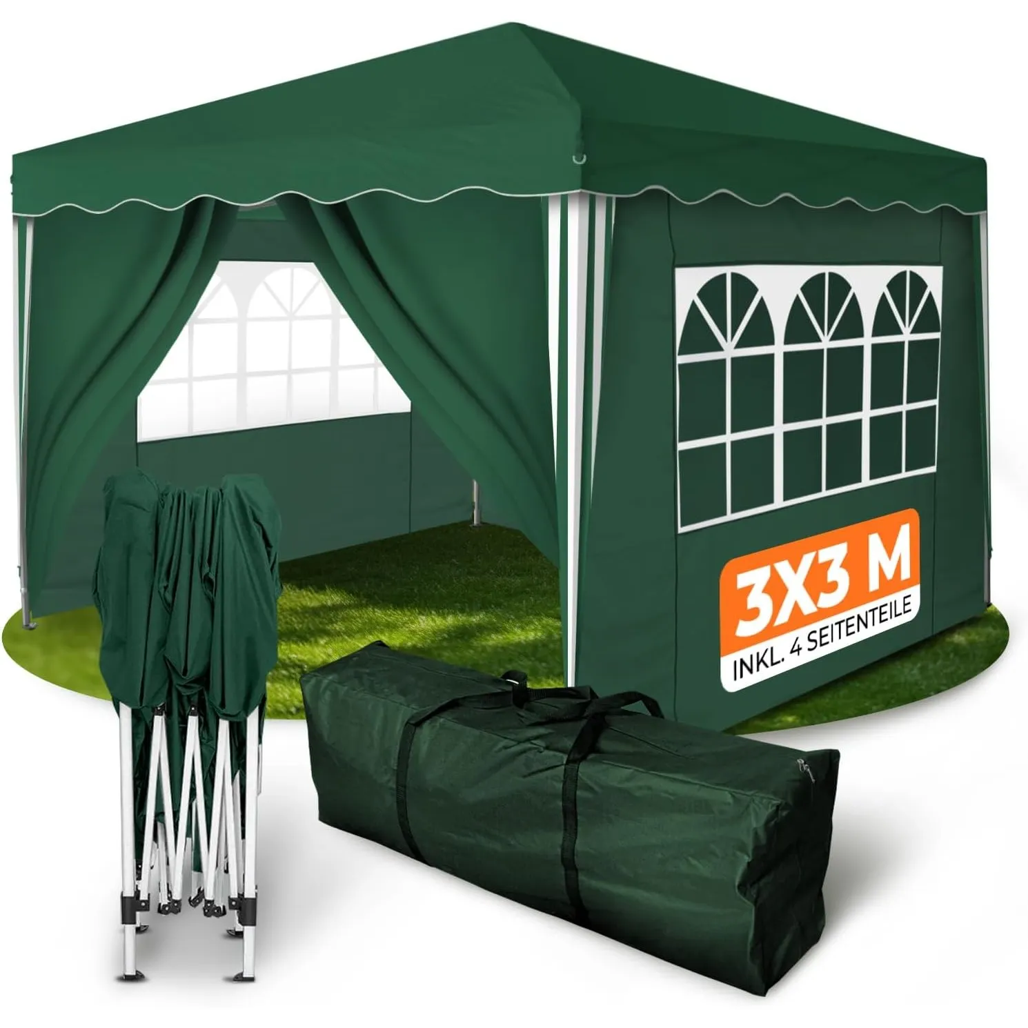 Kronenburg Faltpavillon wasserdicht Dachmaß 3 x 3 m UV Schutz 50+ Pavillon in Grün mit 4 Seitenteilen