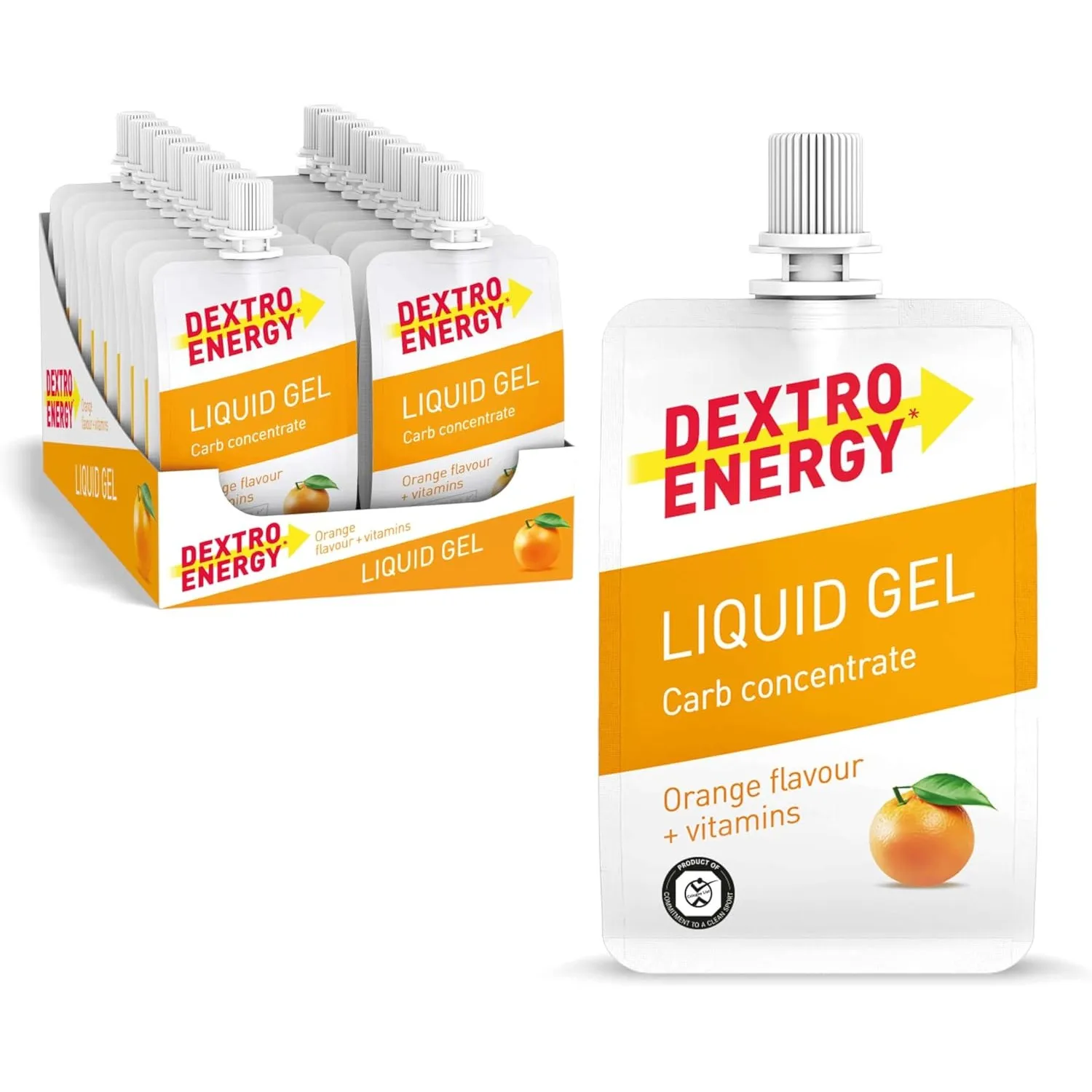 Dextro Energy Liquid Gel Orange + Vitamins - 18x60ml (18er Pack) - High Carb Energy Gel zur schnellen Kohlenhydrate Ver…