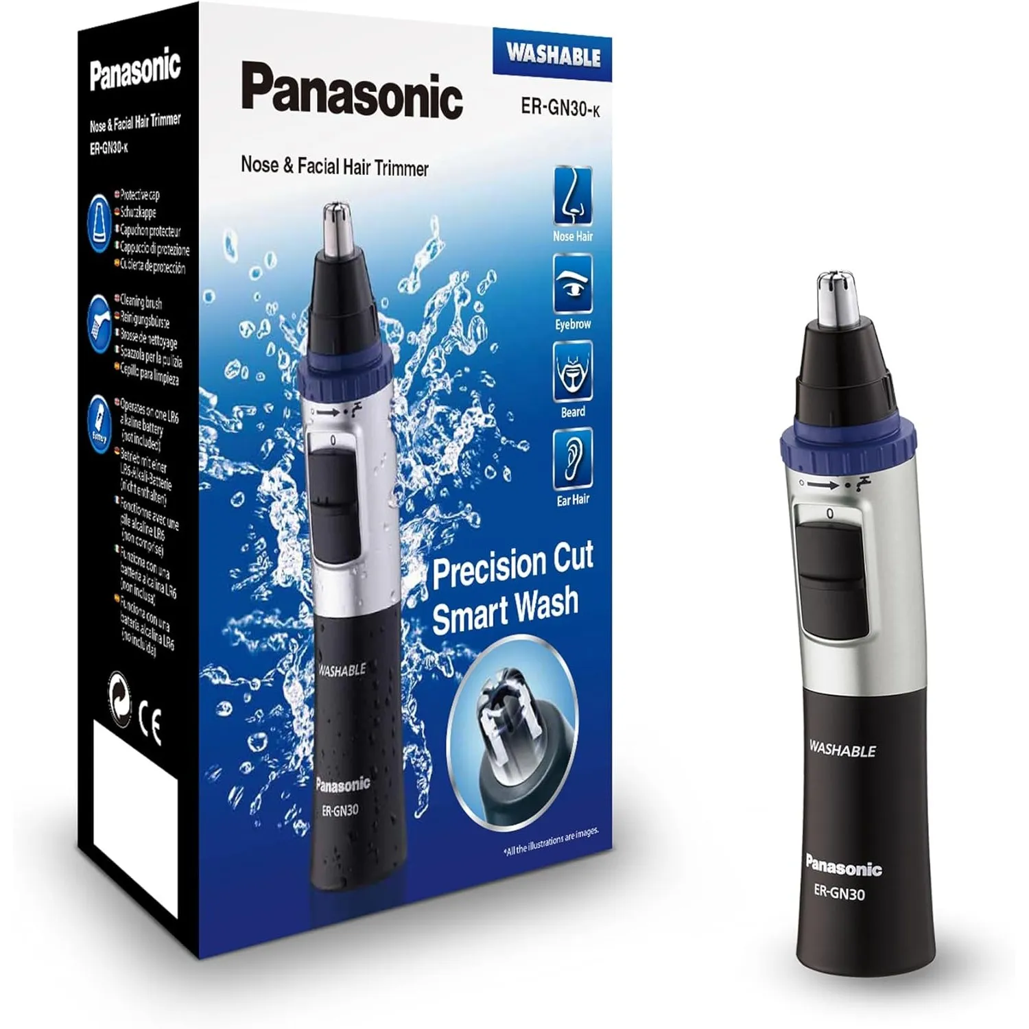 Panasonic ER-GN30-K503 Nass/Trocken Nasen- und Ohrhaartrimmer für Männer, hypoallergene Zweifachklinge, Vortex-Reinigun…