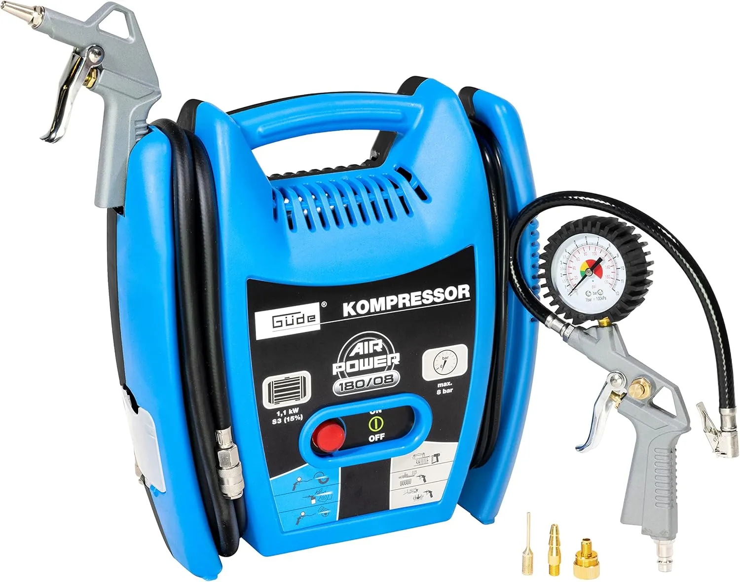 Güde Kompressor Airpower 180/08 (ölfrei & wartungsarm, Riemenantrieb, 8 bar, 1100 W, eff. Liefermenge 140 l/min, 2,5 m …