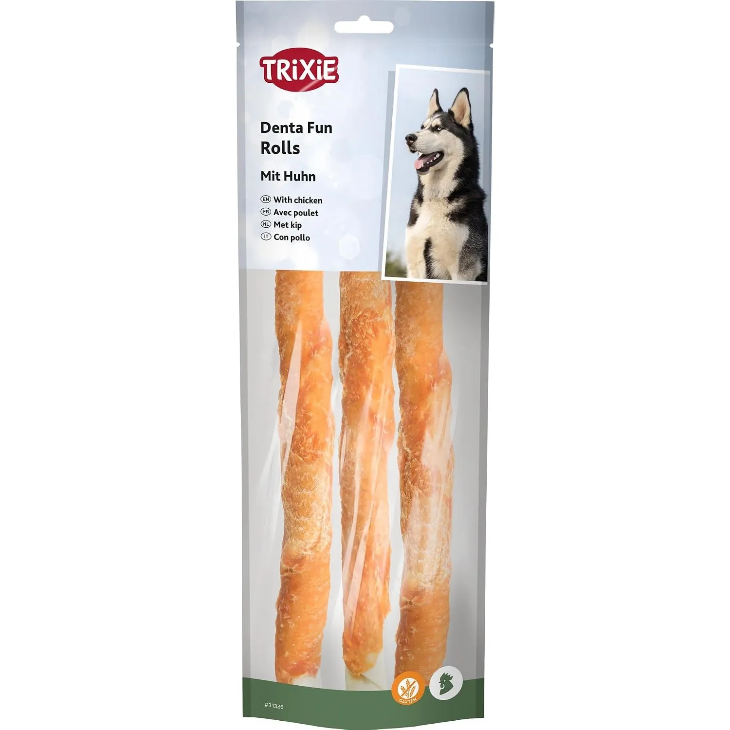 TRIXIE Hundeleckerli Denta Fun Chicken Chewing Rolls – 250 g, 3 St., 28 cm