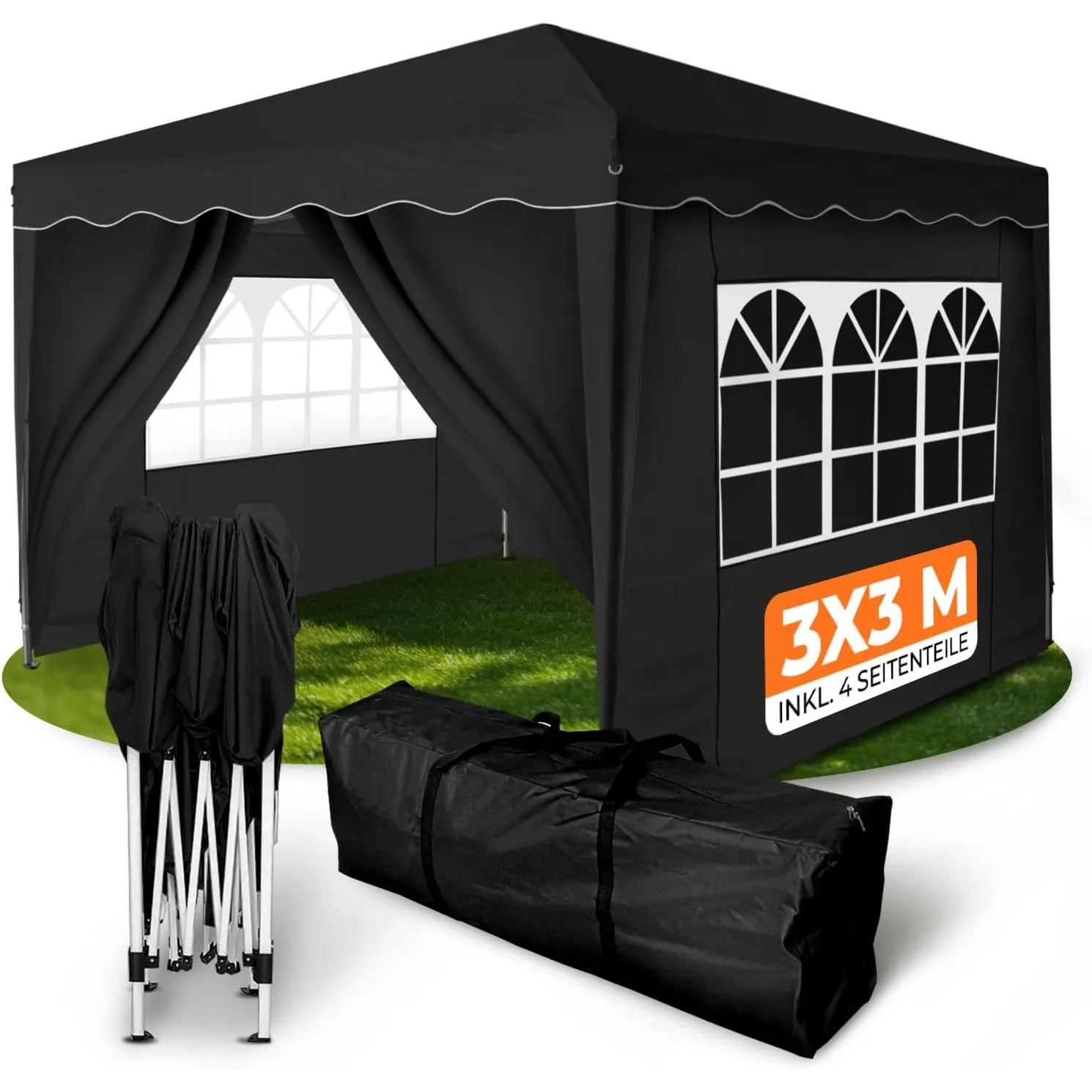 Kronenburg Faltpavillon wasserdicht Dachmaß 3 x 3 m UV Schutz 50+ Pavillon in Schwarz mit 4 Seitenteilen