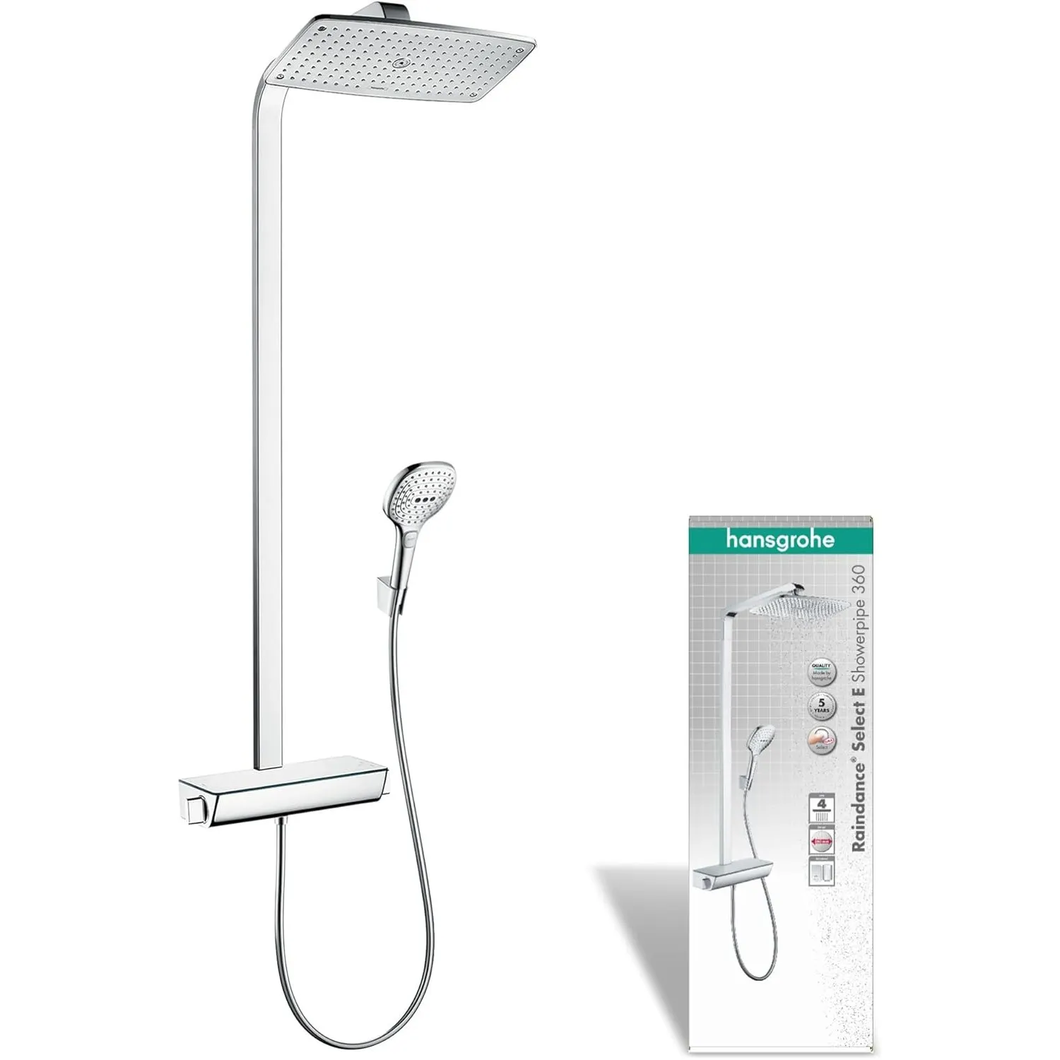 hansgrohe Raindance Select E - Duschsystem mit Thermostat, Regendusche (360 x 190 mm) mit Armatur, Handbrause (3 Strahl…