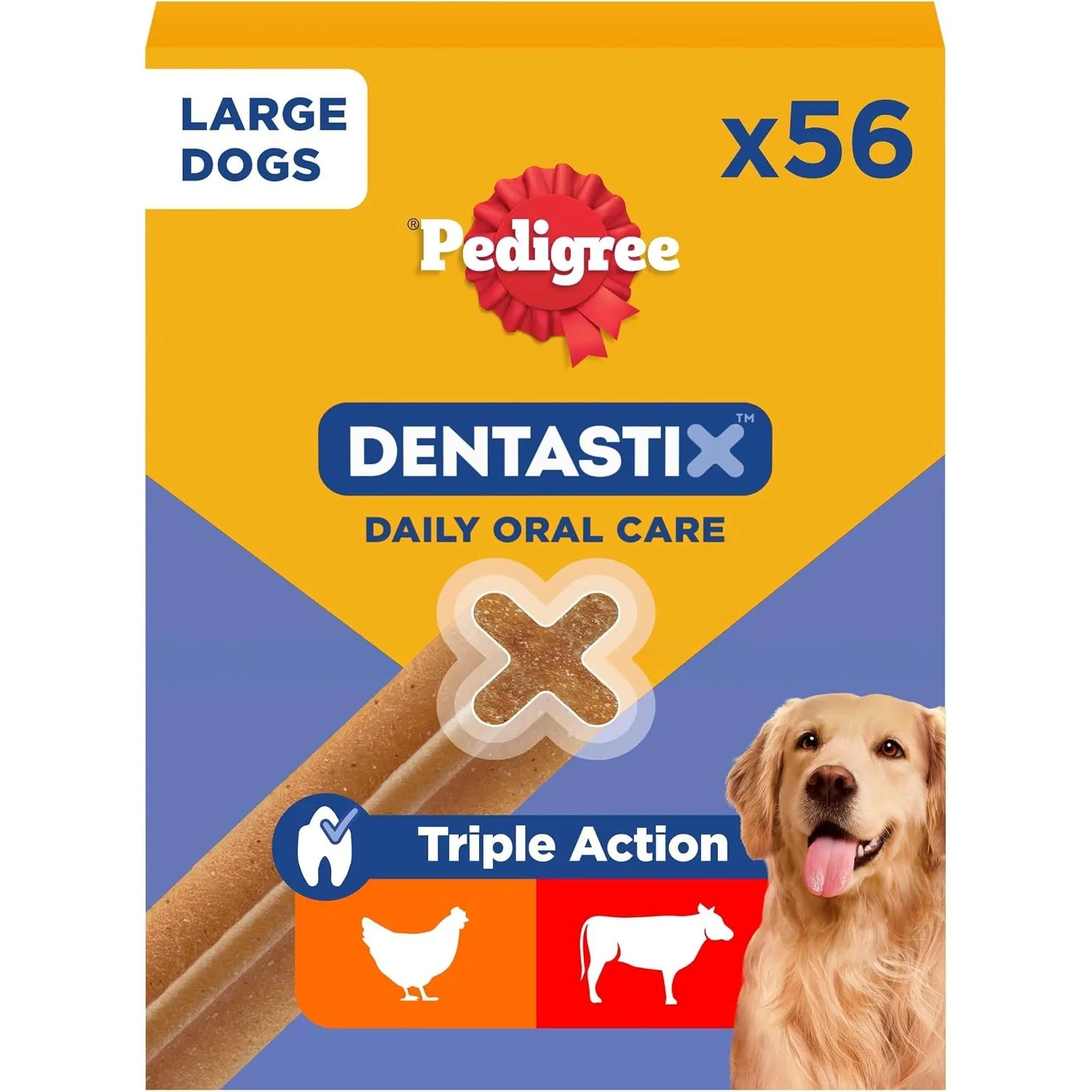 Pedigree DentaStix Hundesnack für große Hunde (25kg+), Zahnpflege-Snack mit Huhn und Rind, 1 Packung je 56 Stück (1 x 2…