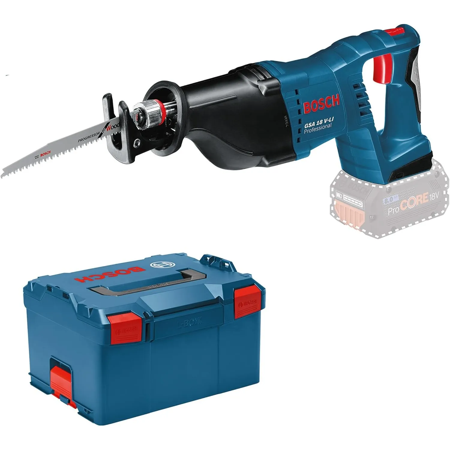 Bosch Professional 18V System Akku Säbelsäge GSA 18 V-LI (inkl. 2x Säbelsägeblatt (Holz/Metall), L-BOXX, ohne Akku/Lade…