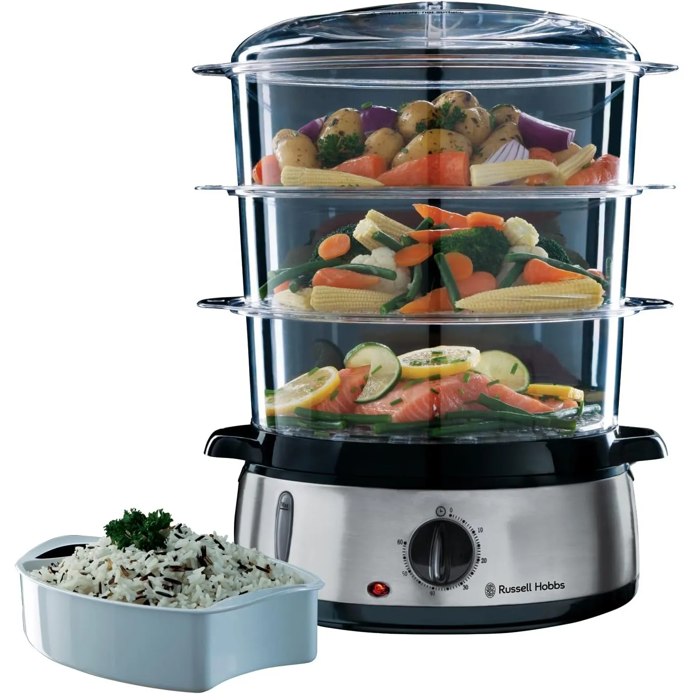 Russell Hobbs Dampfgarer [normale Größe] 9,0l (60 Minuten Timer + Abschaltautomatik, 3 spülmaschinengeeignete Dampfgarb…