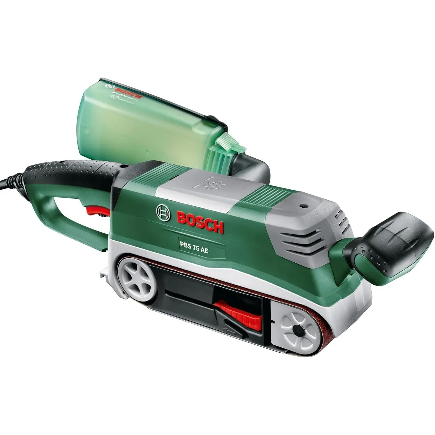 Bosch Bandschleifer PBS 75 AE Set (750 W, Bandgeschwindigkeit 200-350 m/min, Schleiffläche 165x76 mm, im Koffer)