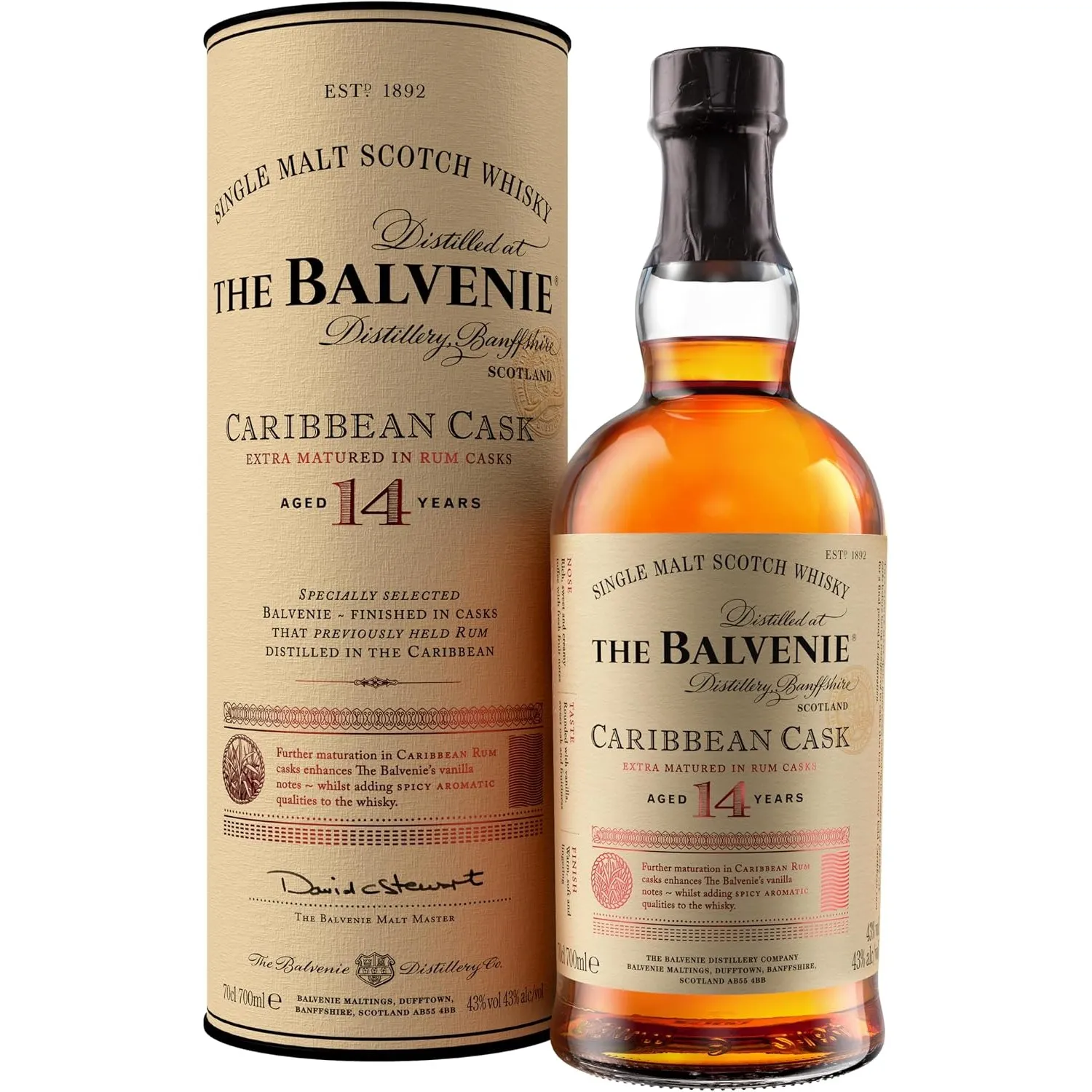 THE BALVENIE Caribbean Cask 14 Jahre Single Malt Scotch Whisky – nachgereift in Rumfässern – mild & honigsüß – cremiges…