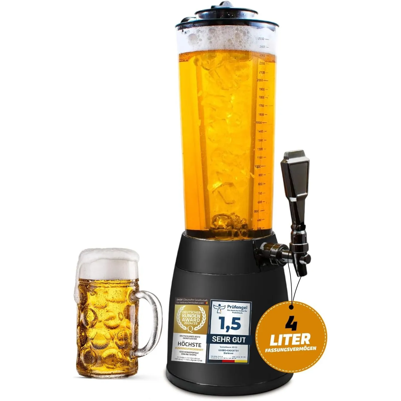 Biertower 4,0 Liter – Kult Biersäule mit LED-Beleuchtung & Eiskühlung – XXL Trinksäule Getränkespender mit Präzisions-Z…