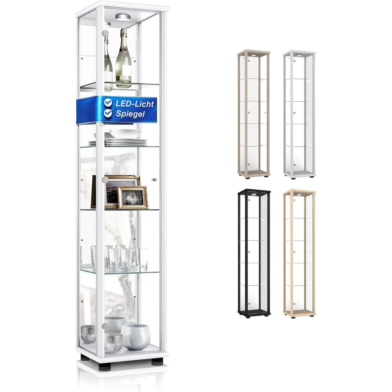 Standvitrine (176x37x33cm) - Made in Germany - Vitrinenschrank Weiss mit 4 höhenverstellbaren Glasböden, Spiegel & LED …