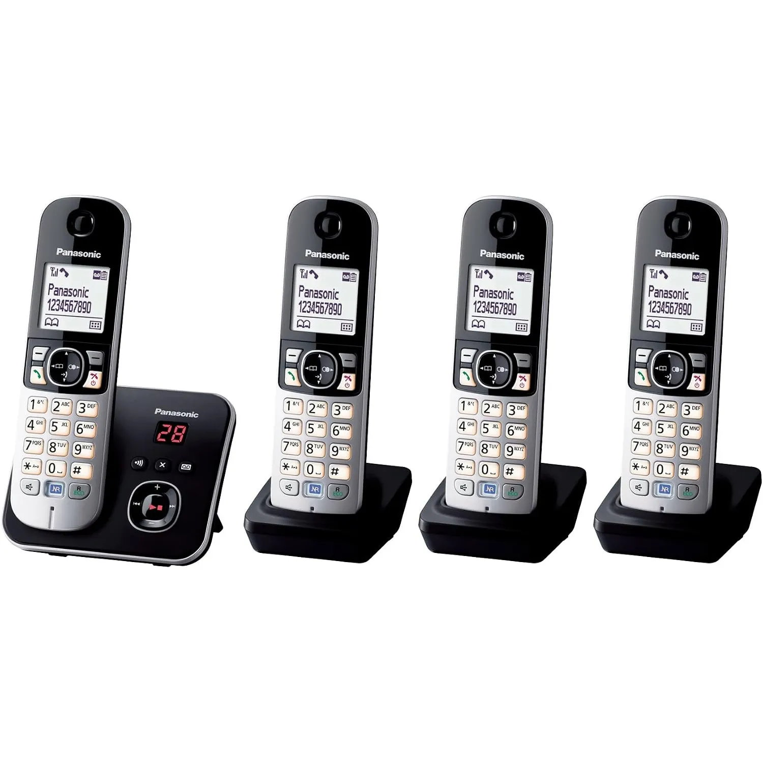 Panasonic KX-TG6824GB DECT Schnurlostelefon mit Anrufbeantworter (Telefon mit 4 Mobilteilen, strahlungsarm, Eco-Modus, …