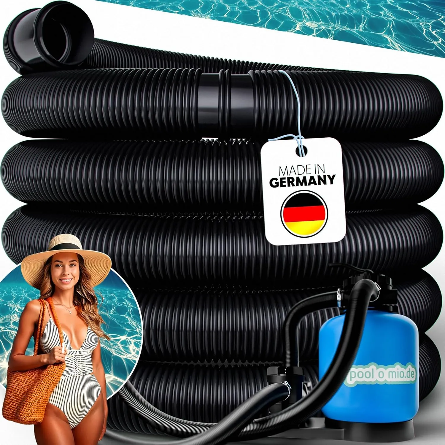 poolomio® Poolschlauch 32mm / 6m Schwarz | Flexibler Solarschlauch für Poolpumpe, Poolheizung & Solarmatte | Druckstabi…