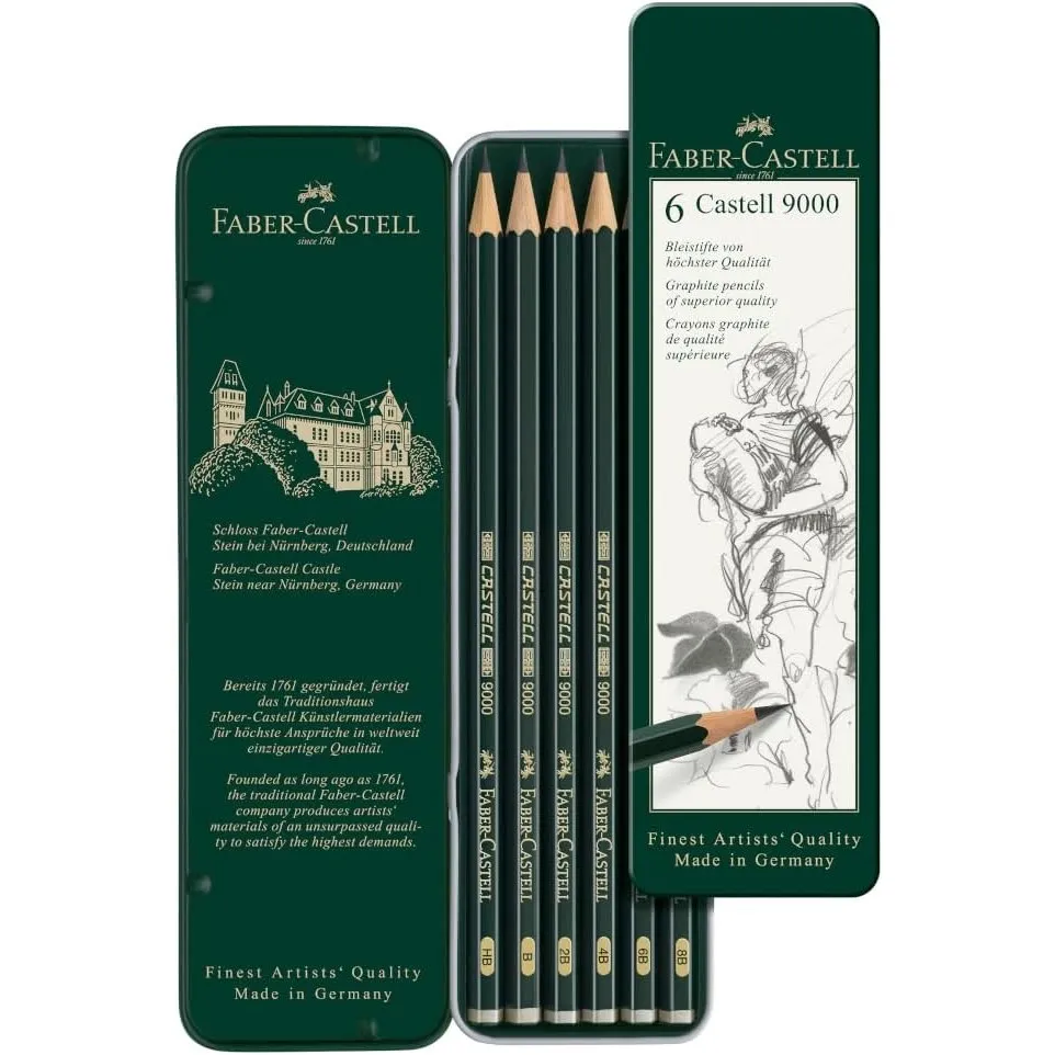 Faber-Castell - Bleistifte Set Castell 9000 6-teilig im Metalletui | Künstlerbleistifte Härtegrade HB - 8B für Schreibe…