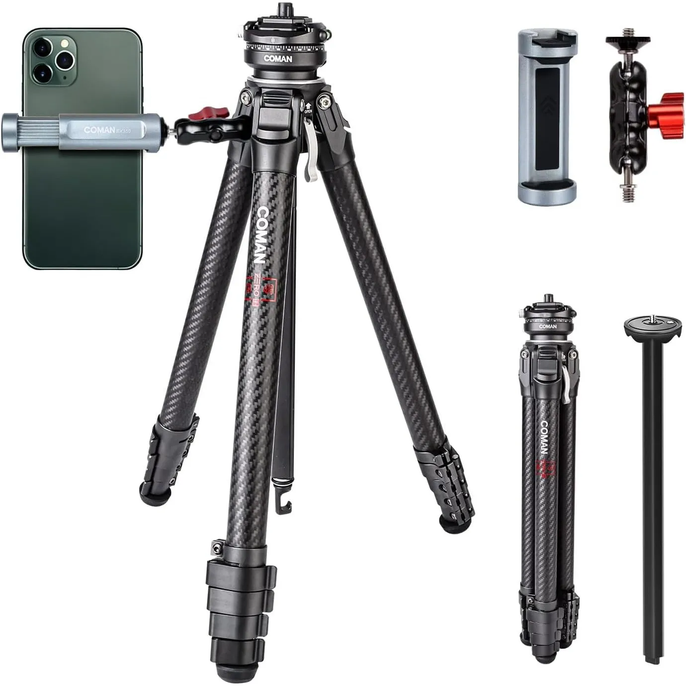 COMAN Zero F38 Carbon Fiber Kamerastativ mit 360° Panoramakugelkopf und Video Stative für alle DSLR-Kameras, Leichtes R…