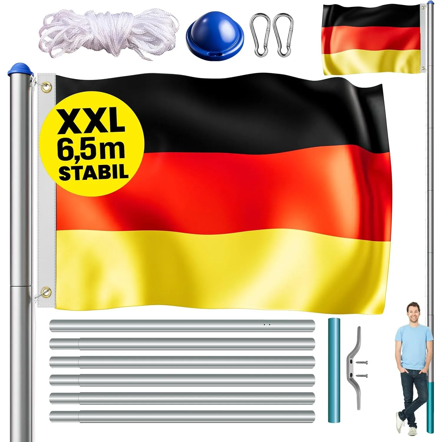 MONZANA® Fahnenmast 6,5m Seilzug Bodenhülse inkl. Deutschland Flagge Deutschlandfahne Fahne höhenverstellbar Flaggenmas…