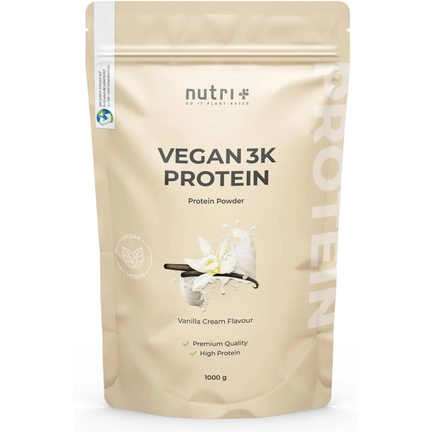Nutri + Vegan Protein Pulver Vanille 1 kg 81% Eiweiß - 3k Proteinpulver 1000 g - Shake Vanilla Cream Flavor - pflanzlic…