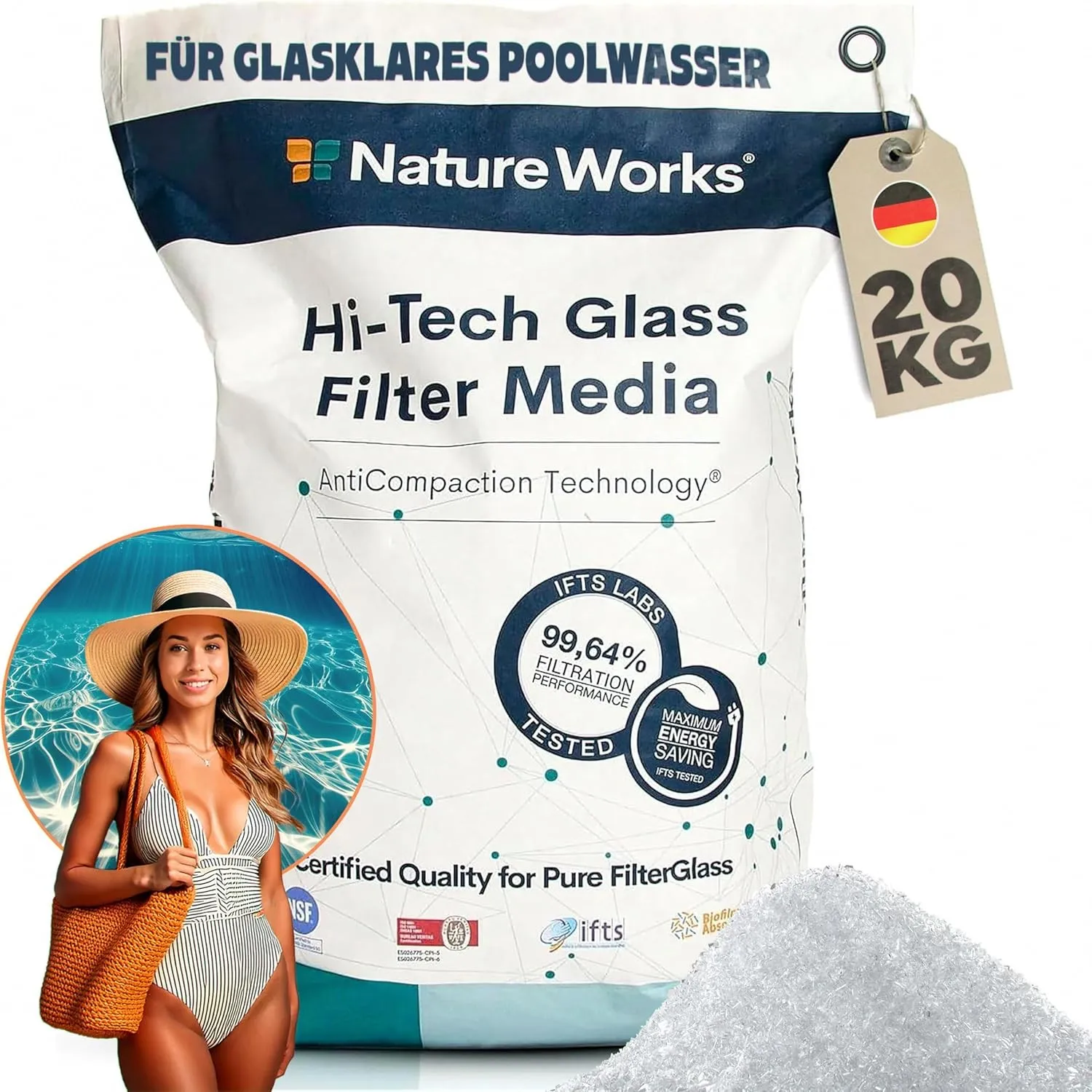 poolomio Nature Works Hi-Tech Filterglas (20 kg) für Pool-Sandfilteranlagen, aus naturreinem Glas, kristallweiß, umwelt…