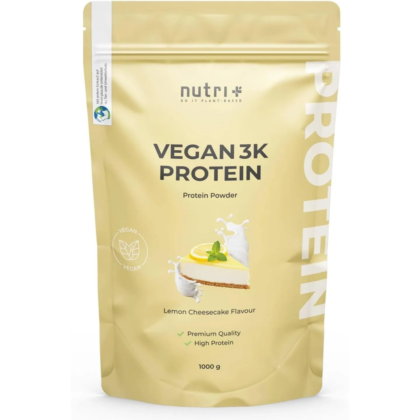 Nutri + Protein Pulver Zitrone Käsekuchen 1 kg - Veganes Eiweißpulver ohne Laktose & Whey - 3k Proteinkomplex aus Pflan…