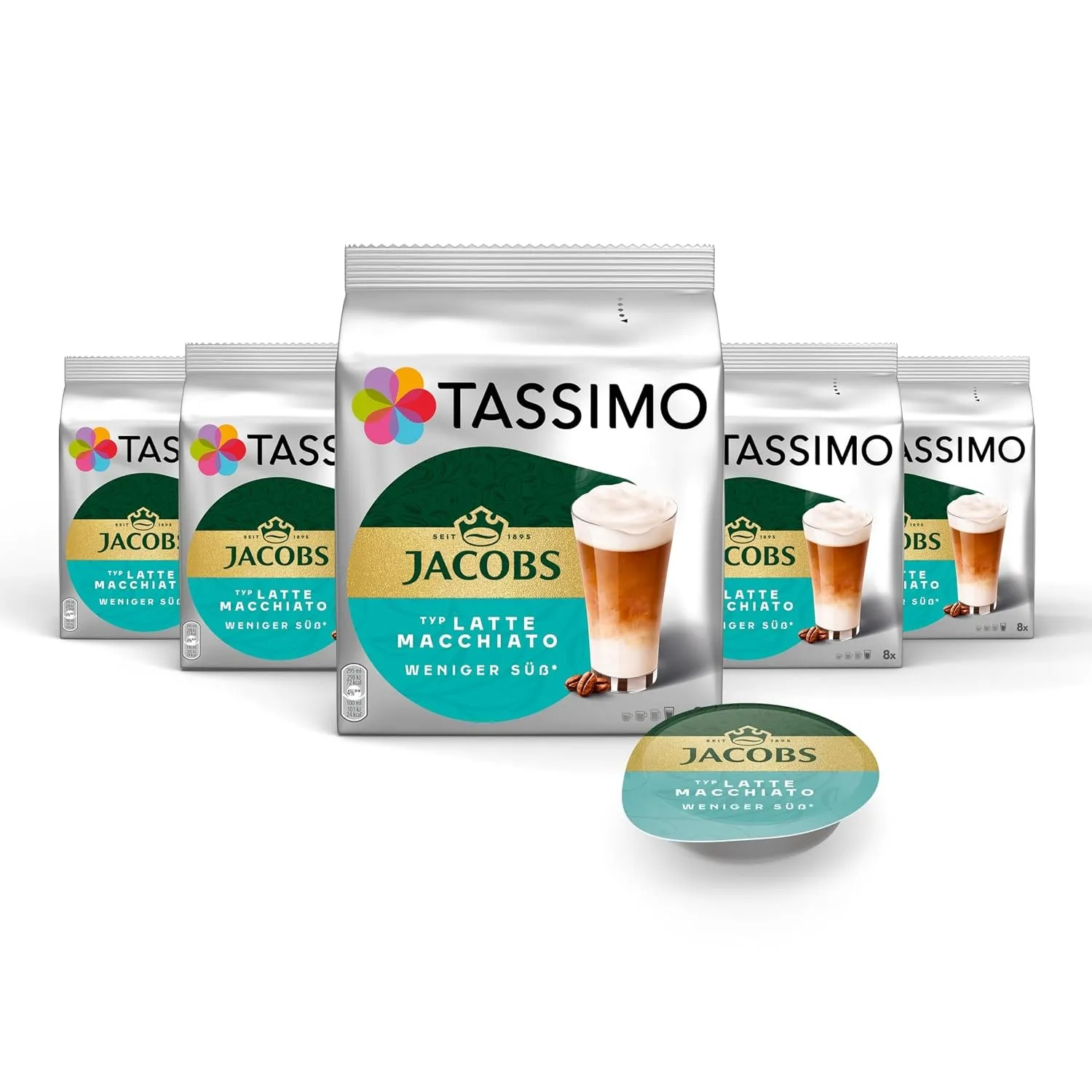 Tassimo Kapseln Jacobs Typ Latte Macchiato Weniger Süß, 5 x 8 Pads, 40 Kaffeekapseln