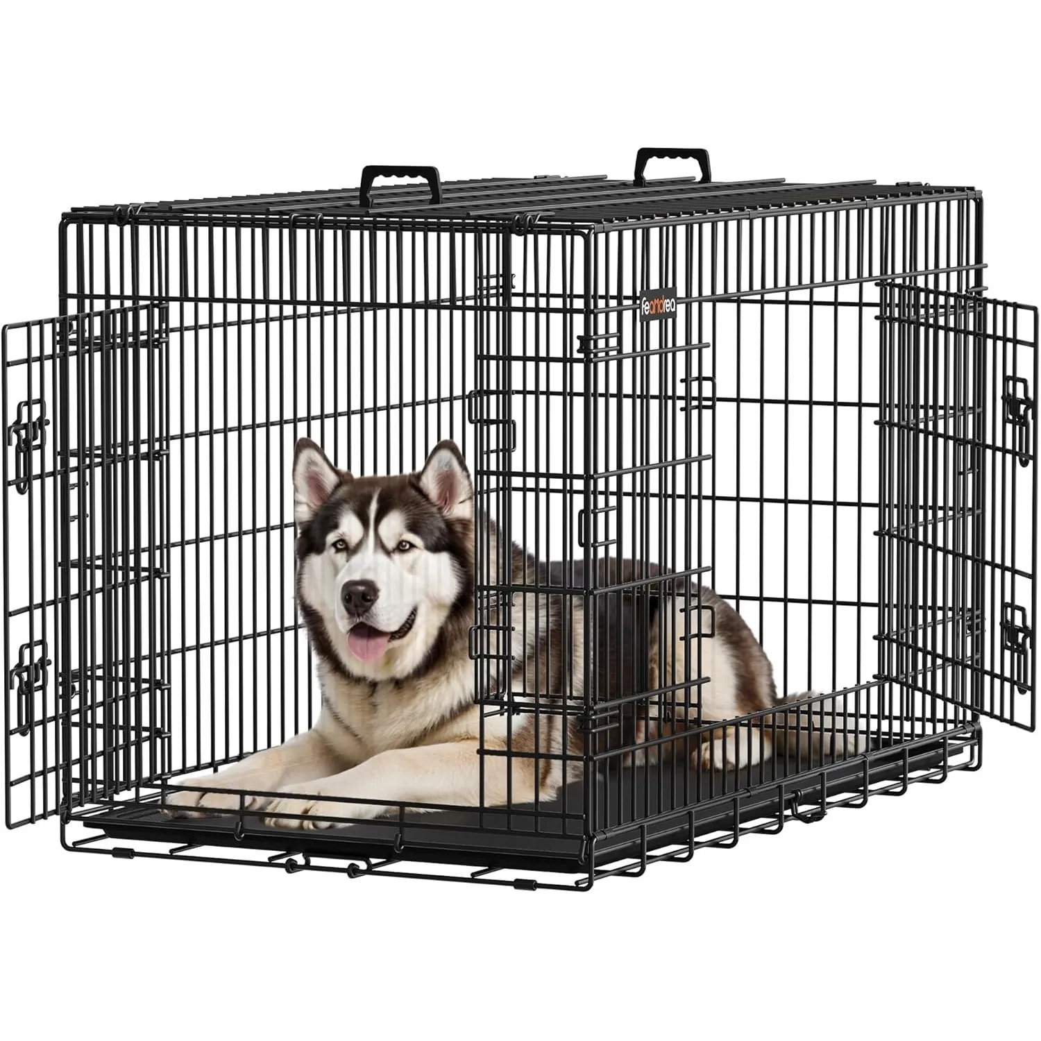 Feandrea Hundekäfig, klappbar, mit 2 Türen, ausziehbare Kunststoffschale, 122 x 74,5 x 80,5 cm, XXL, schwarz PPD48H