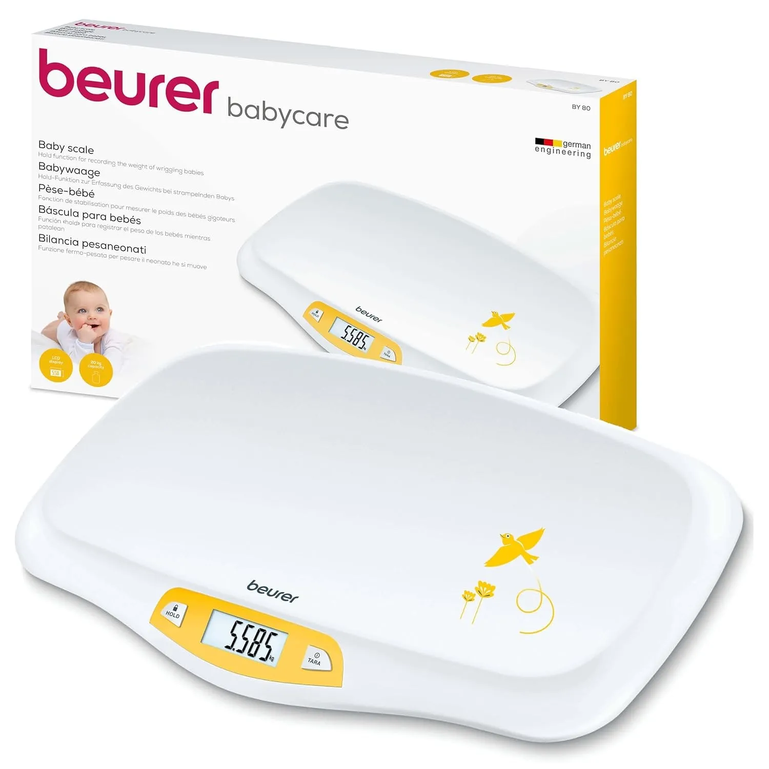 Beurer BY 80 Babywaage, mit gewölbter Oberfläche, 20 kg Tragkraft, Tara- und Holdfunktion für strampelnde Babys, Messun…