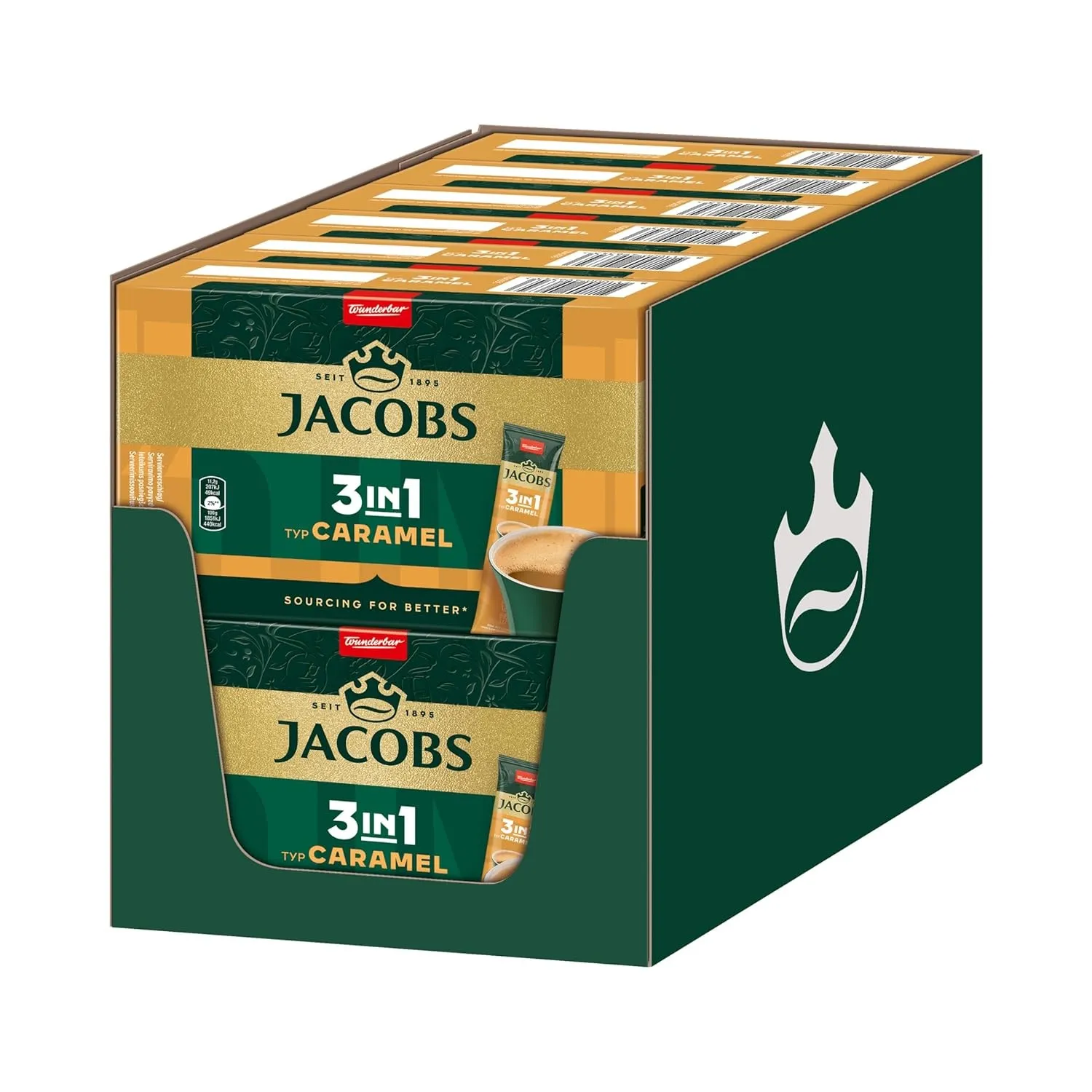 Jacobs 3in1 Caramel, Instant Kaffee Sticks, löslicher Bohnenkaffee mit Creamer und Zucker, 12 x 10 Sticks, 120 Getränke