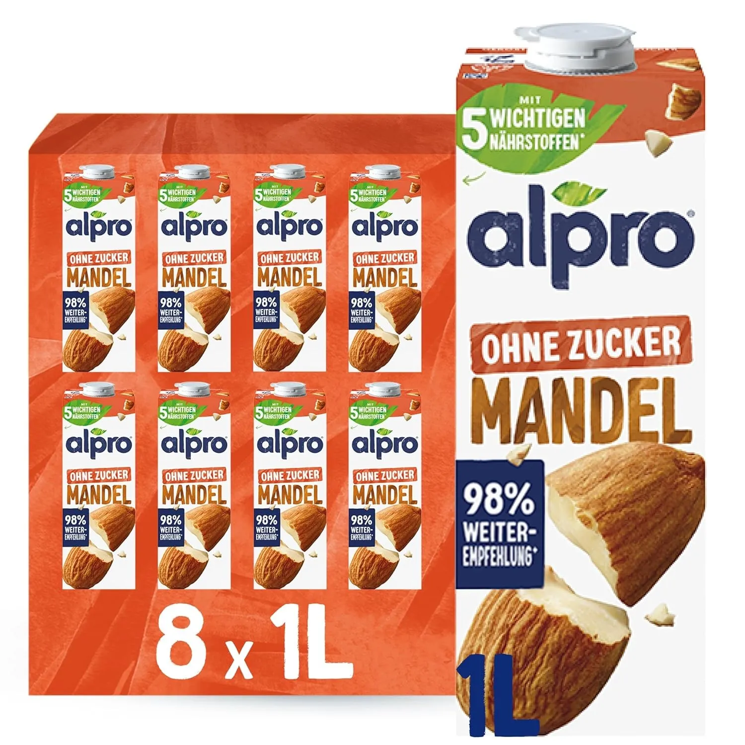 Alpro Mandeldrink Ohne Zucker – Quelle von Calcium und Vitaminen – Zuckerfrei, glutenfrei, fettarm, ohne Laktose, vegan…