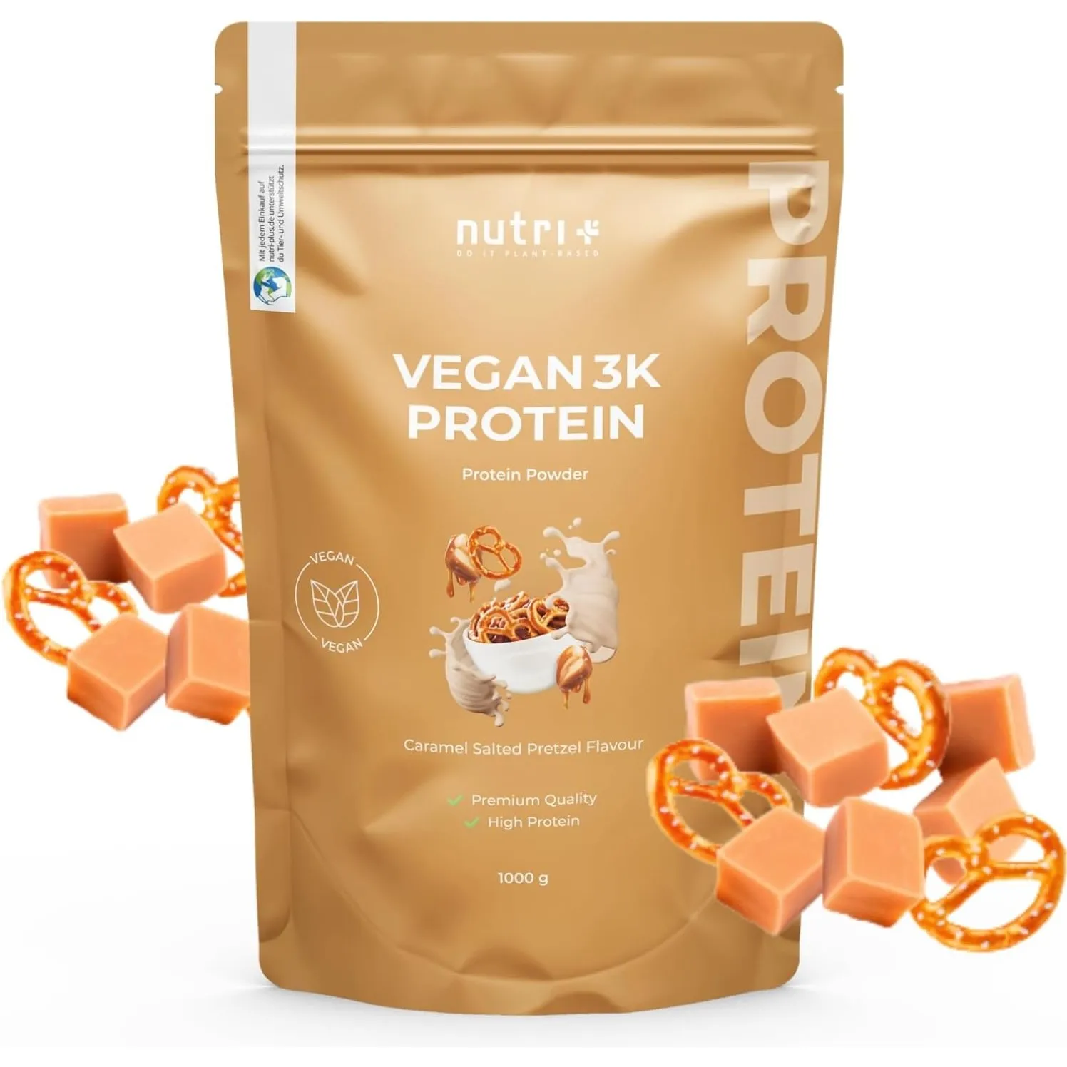 Nutri + Eiweiß Pulver Vegan Salted Caramel Pretzel 1 kg - Mehrkomponenten Protein Karamell Salty Bretzel - Pflanzliches…