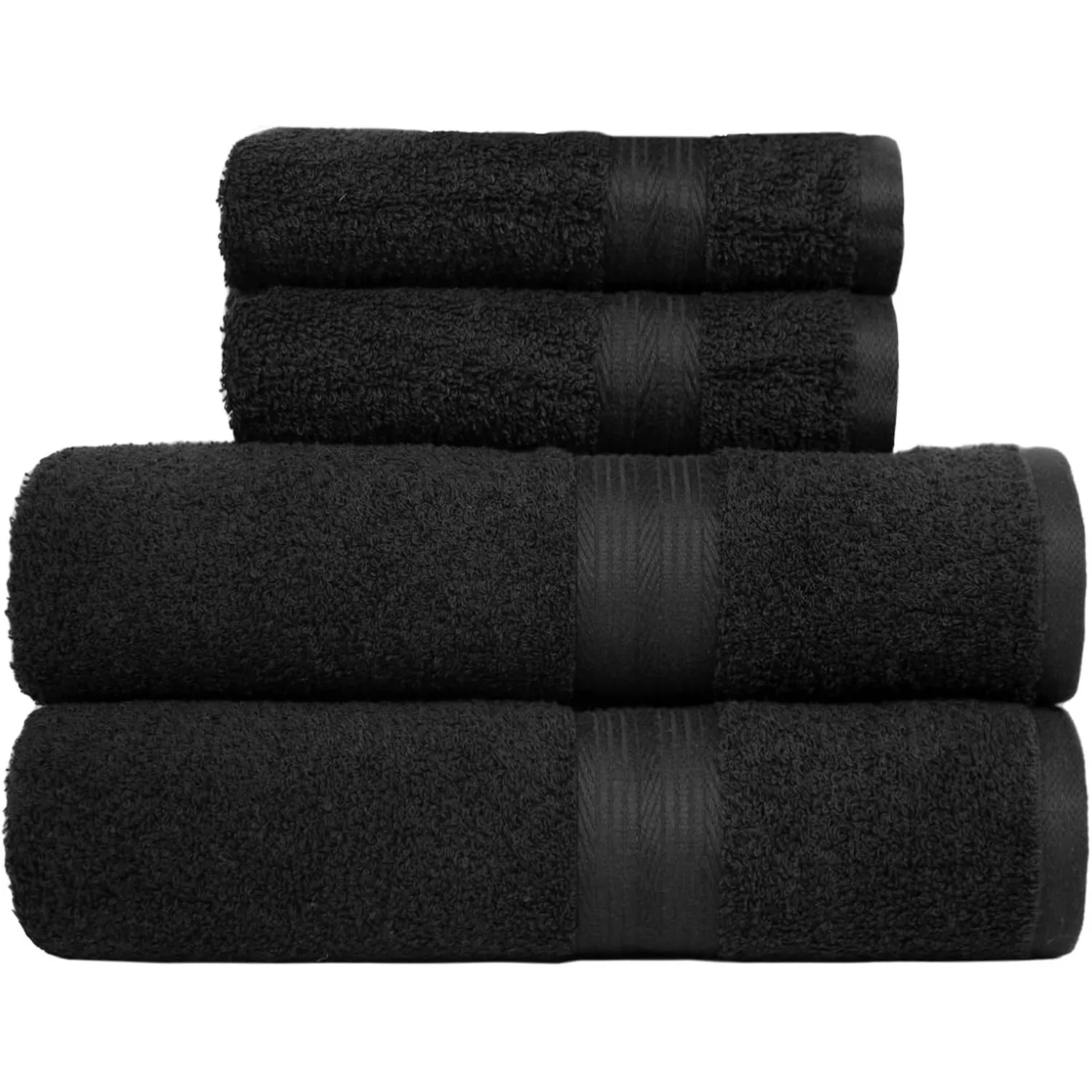 Amazon Basics Handtücher-Set, 100% Baumwolle, Farbecht, Saugfähig, 2 Badetücher, 2 Handtücher, 4-teilig, Schwarz