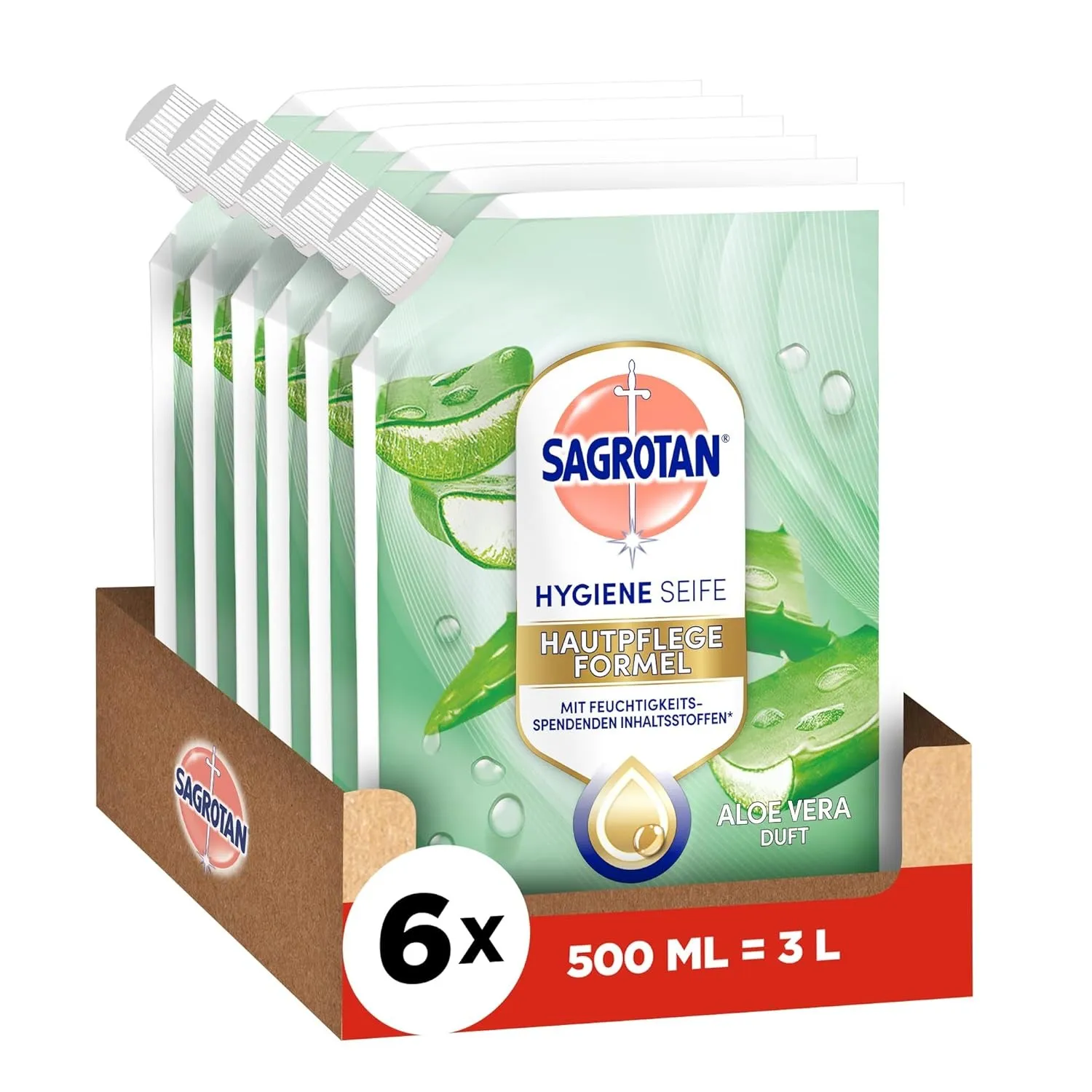 Sagrotan Handseife Nachfüller Aloe Vera – Feuchtigkeitsspendend und stark gegen Bakterien – 6 x 500 ml Handseife