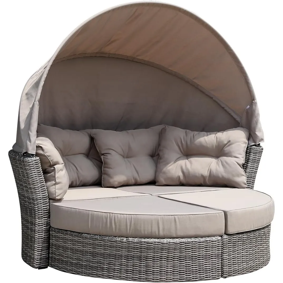 DEGAMO Gartenliege Sonneninsel Marbella, Alu, Halbrund, Grau Bicolor | Geflecht, Polster taupefarben, Klappbares Verdec…