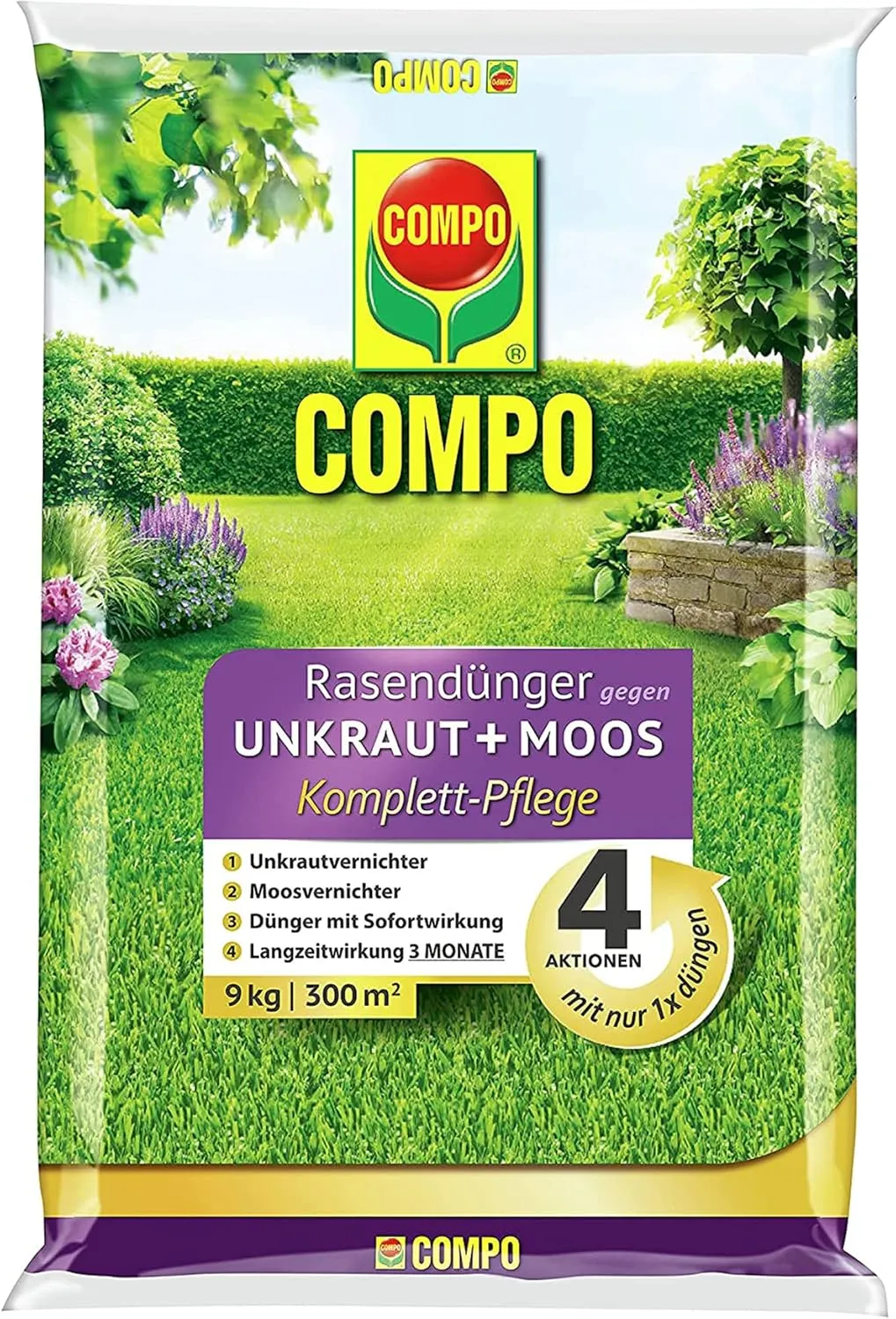 COMPO Rasendünger gegen Unkraut + Moos Komplett-Pflege Rasendünger mit Unkrautvernichter, Moosvernichter, 3 Monate Lang…