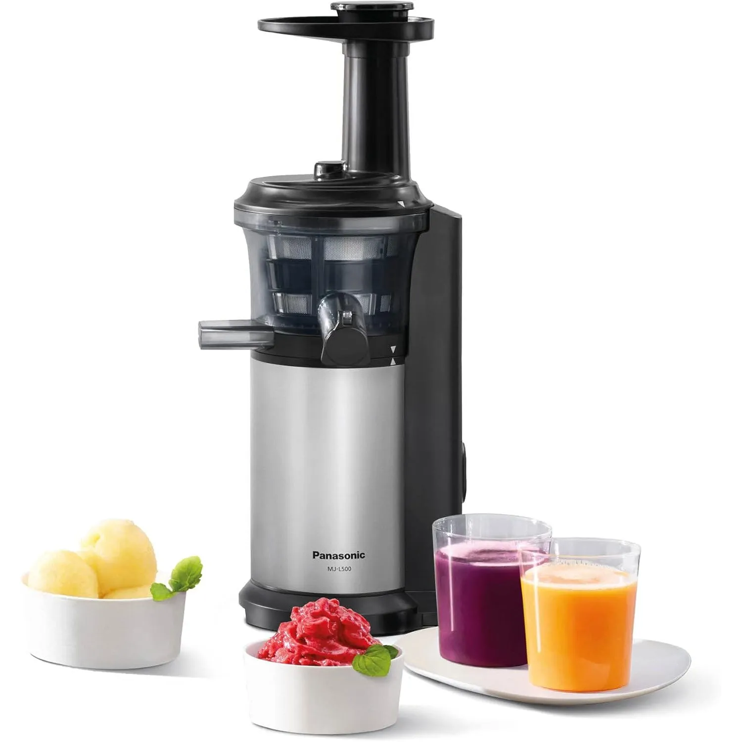Panasonic MJ-L500S Slow Juicer / Entsafter / 2 Einsätze für Säfte & tiefgefrorene Zutaten / Frozen Joghurt / Silber