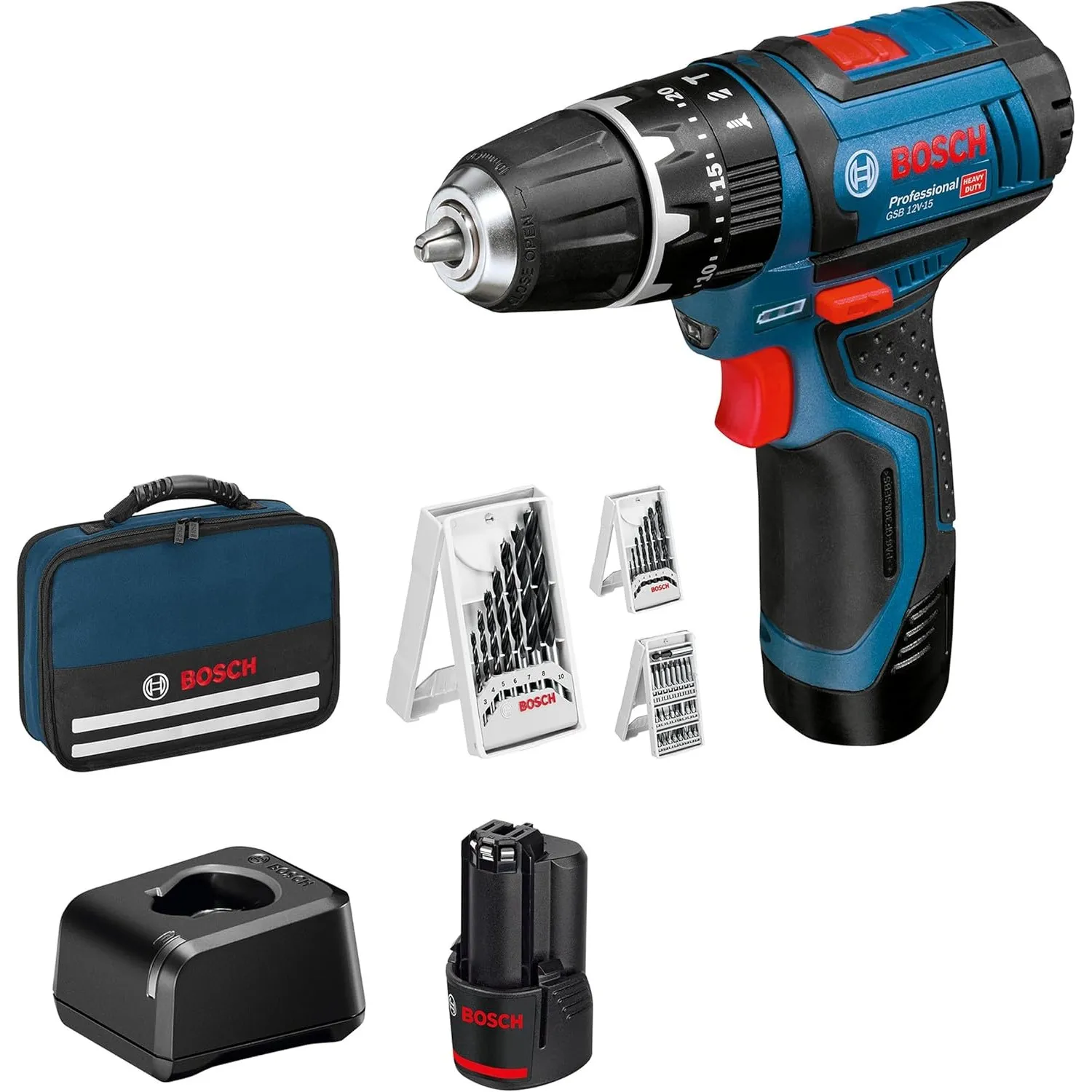 Bosch Professional 12V System Akku Schlagbohrschrauber GSB 12V-15 (Bohr-Ø Holz max: 19 mm, inkl. 2x 2.0Ah Akku + Ladege…