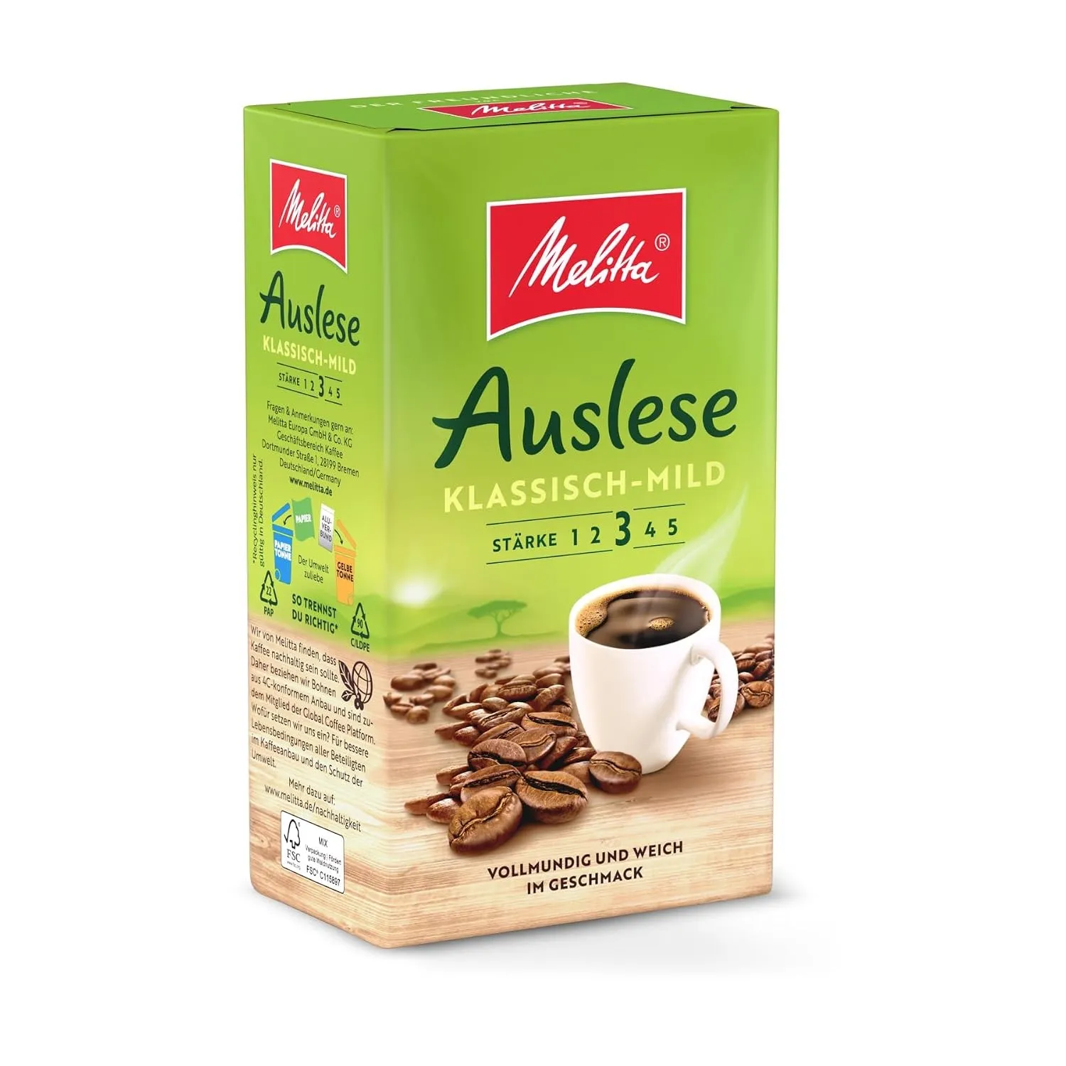 Melitta Auslese Klassisch-Mild Filter-Kaffee 500g, gemahlen, Pulver für Filterkaffeemaschinen, mittlere Röstung, geröst…