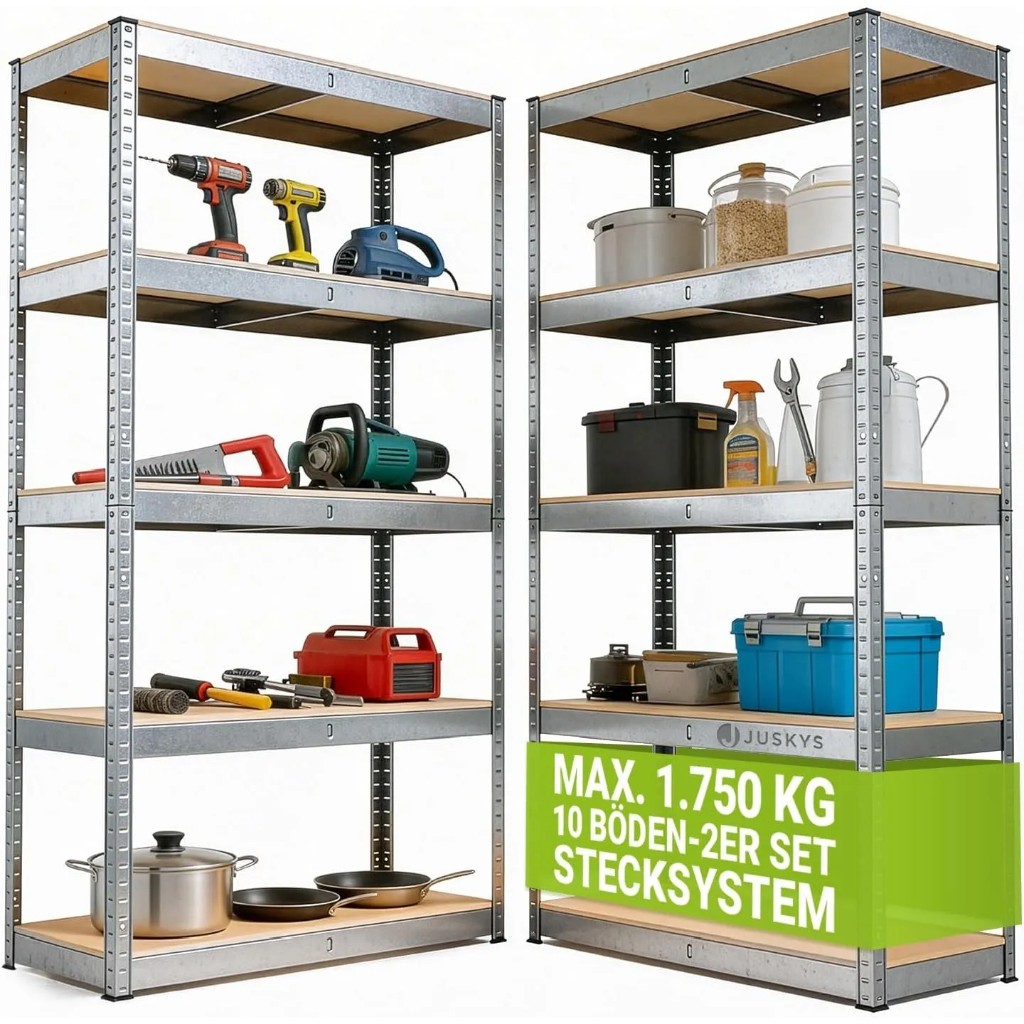 Juskys Schwerlastregal Basic 2 Stück 180x90x40 cm, 10 Böden, bis 1750 kg