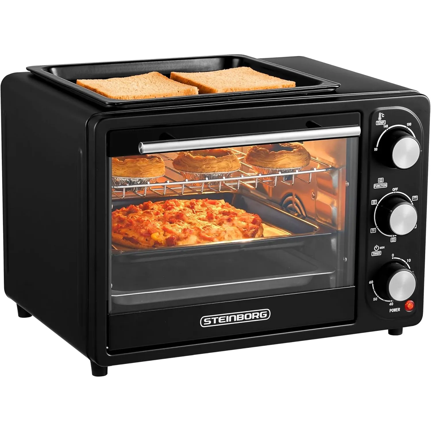 3in1 Mini Backofen 20 Liter mit Konvektion inkl. Warmhalteplatte | 2 Backbleche + Grillrost | Minibackofen | Pizza-Ofen…