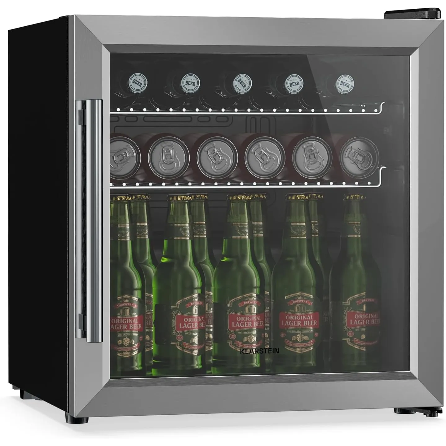 Klarstein Beersafe Getränkekühlschrank 47 L – Mini Kühlschrank mit Glastür, Silber | LED-Beleuchtung, herausnehmbare Me…