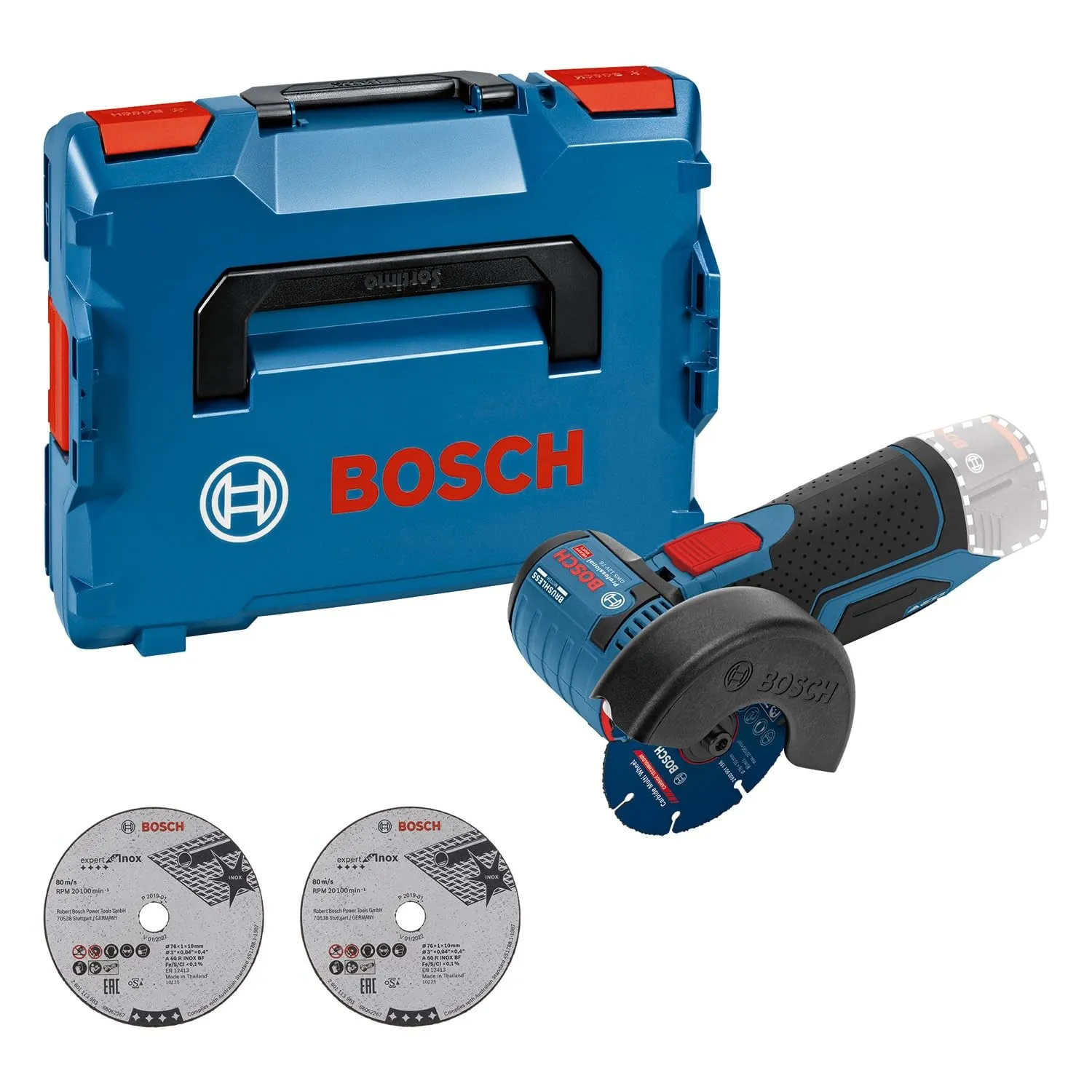 Bosch PRO 12V System Akku Winkelschleifer GWS 12V-76 (inkl. 2x Trennscheibe Expert for Inox, 1x Hartmetall - Trennschei…